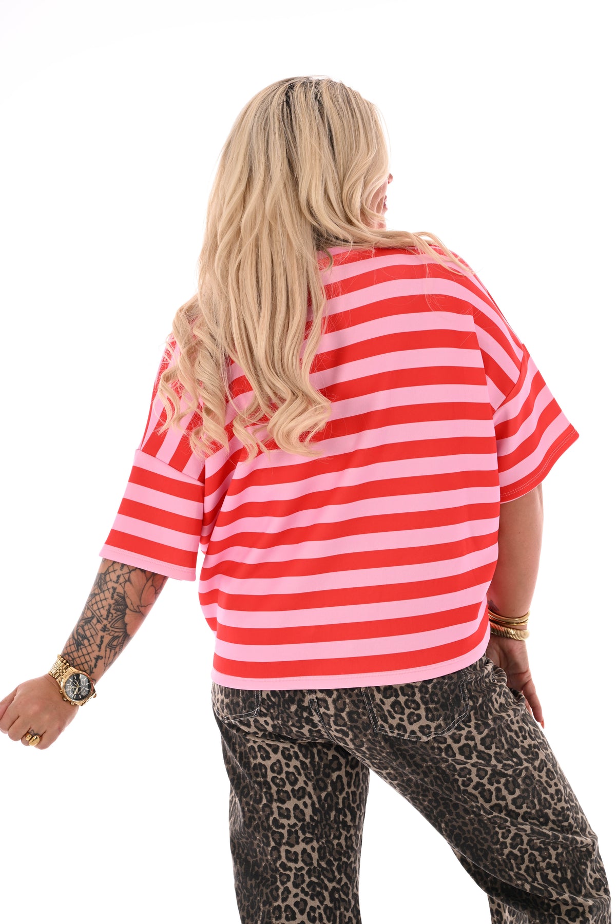 Sweater korte mouwen strepen lichtroze/rood