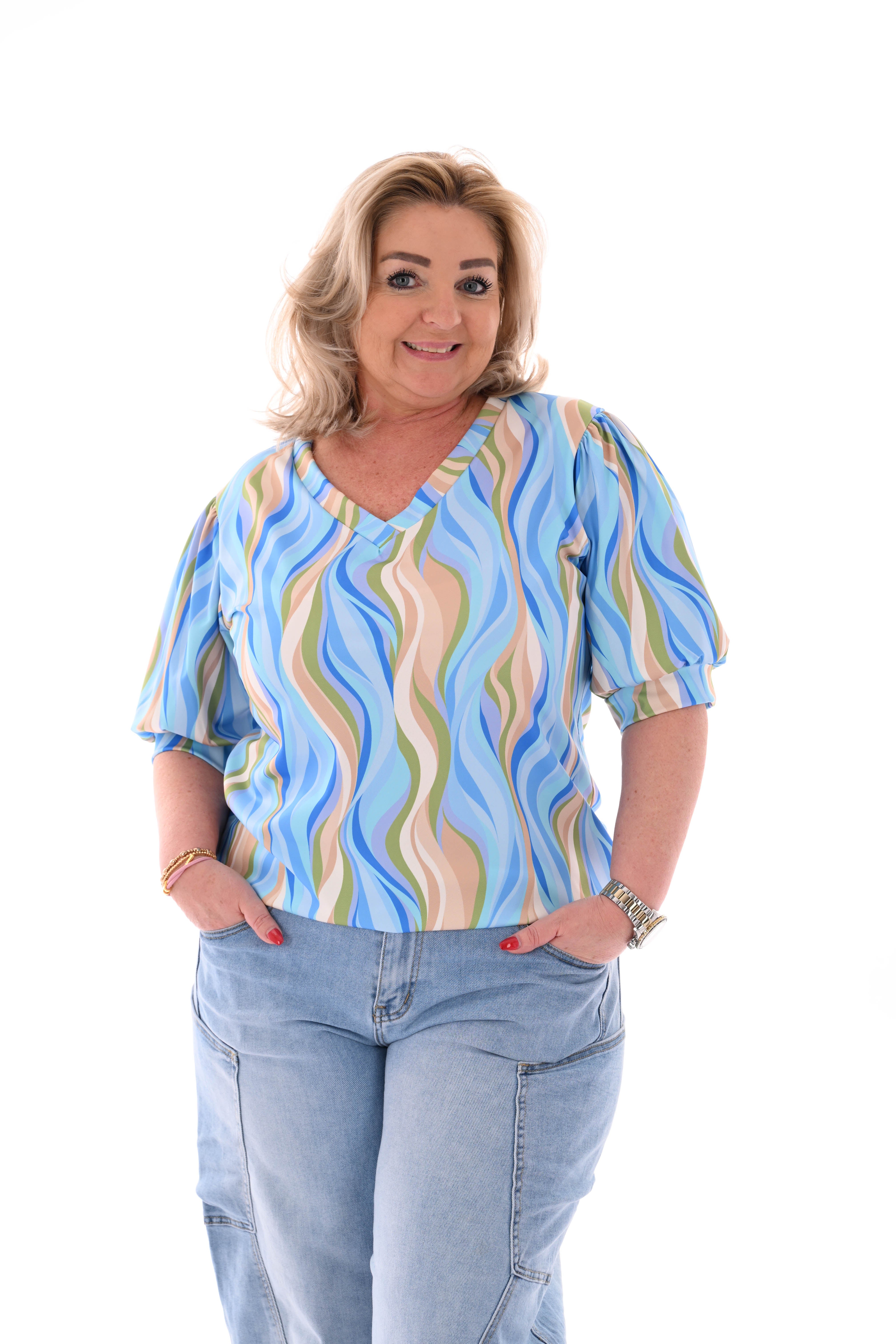 Travel shirt korte mouwen v-hals wave patroon blauw/groen