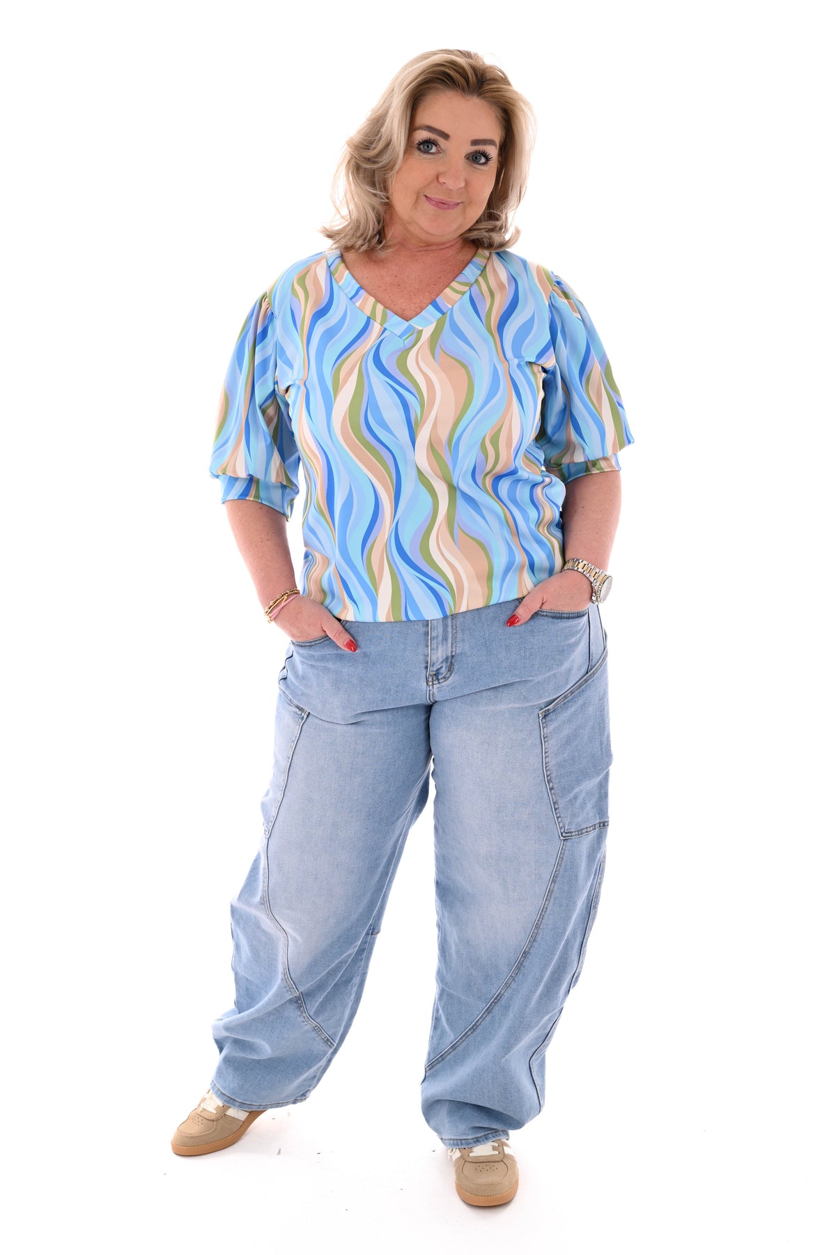 Travel shirt korte mouwen v-hals wave patroon blauw/groen