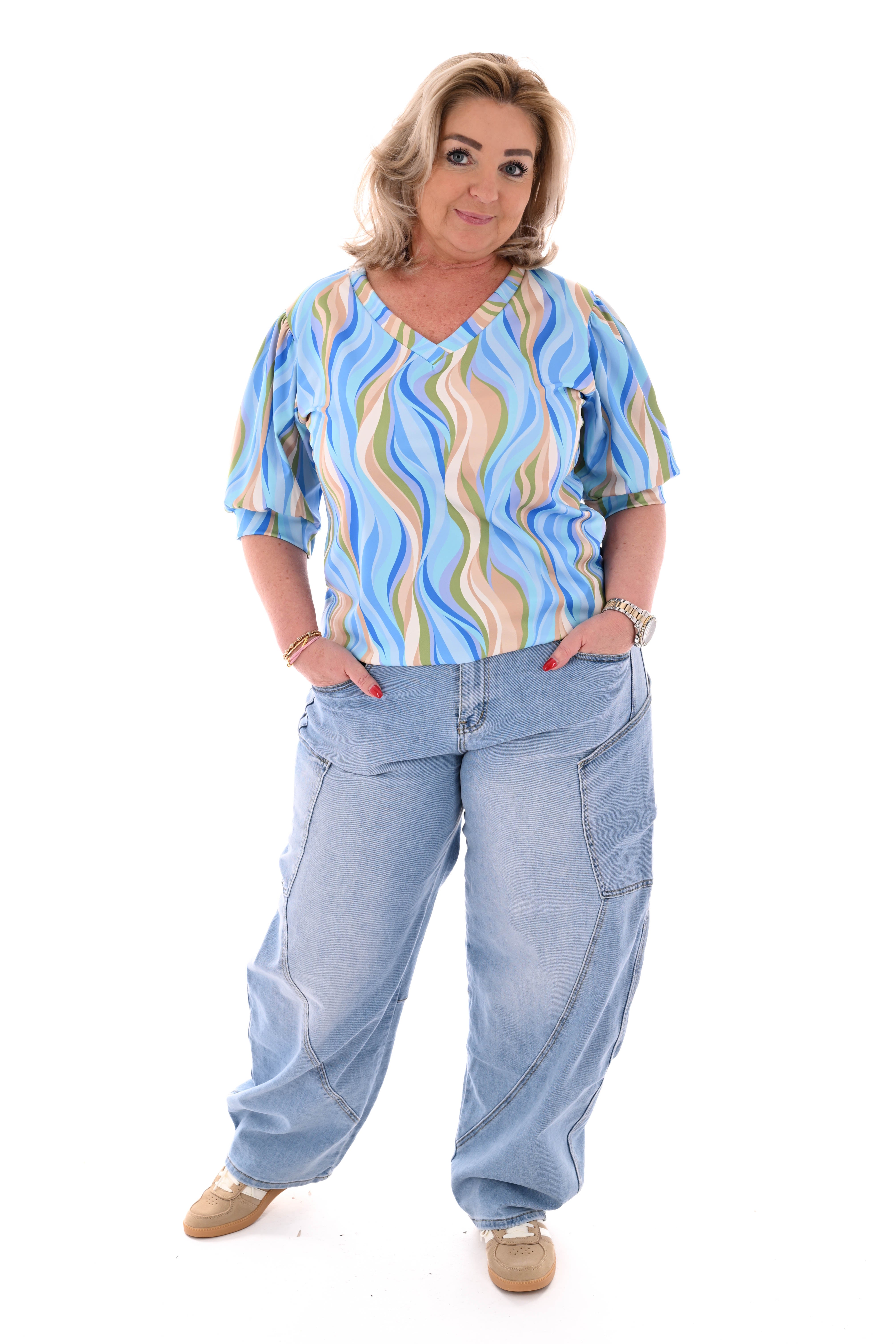 Travel shirt korte mouwen v-hals wave patroon blauw/groen