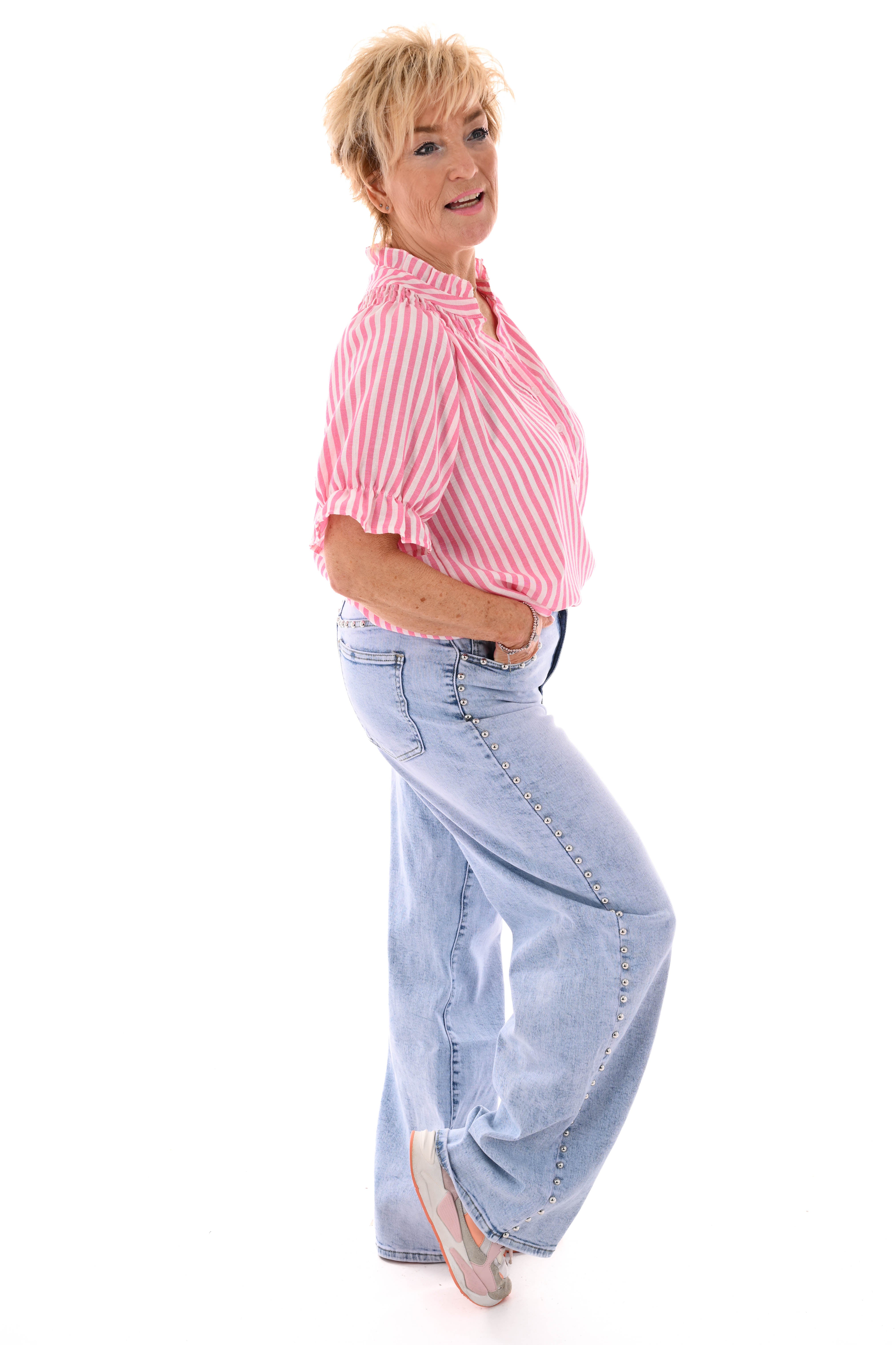 Top v-hals roezel korte mouwen strepen roze