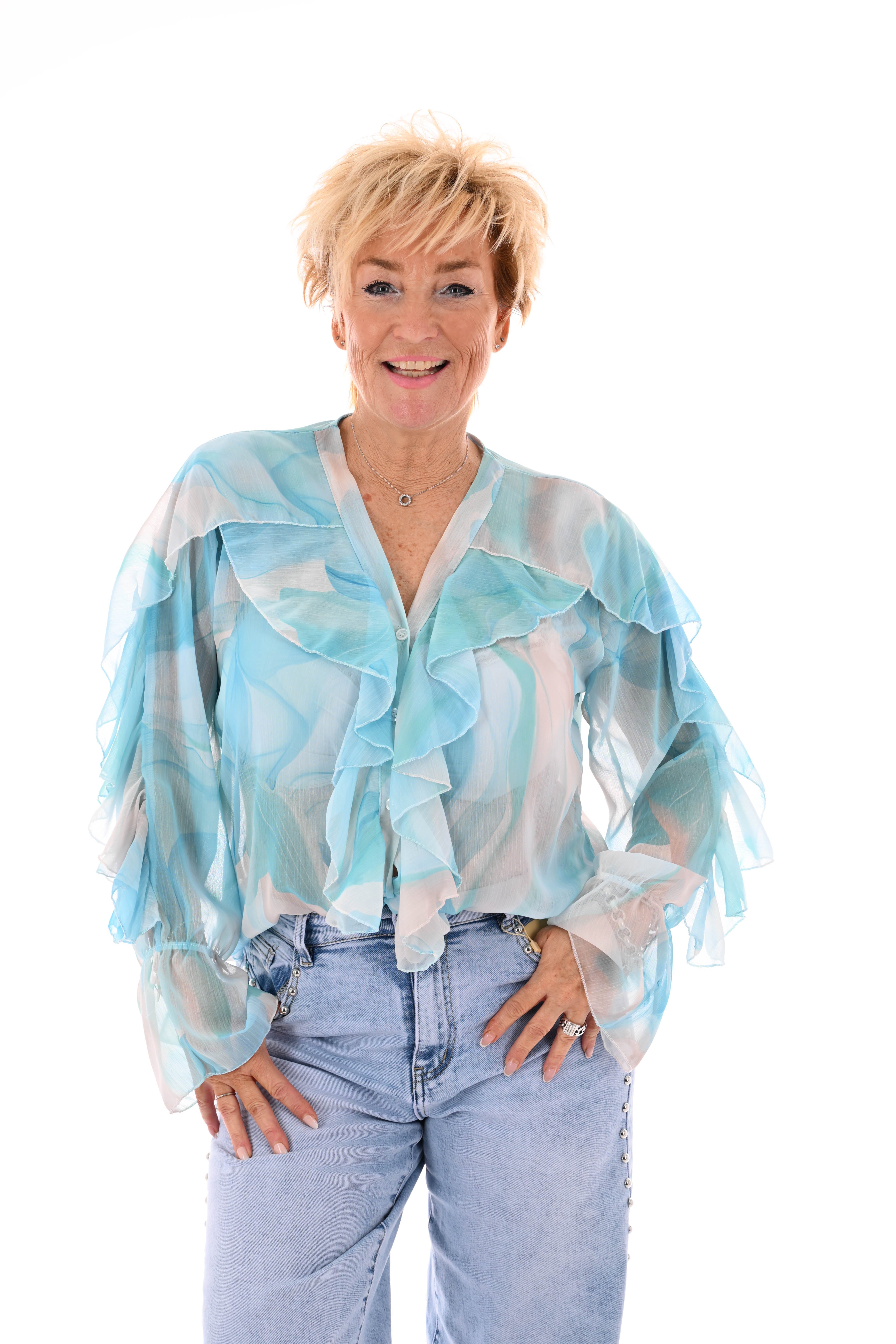 Blouse roezels met trompetmouwen abstract blauw/turquoise