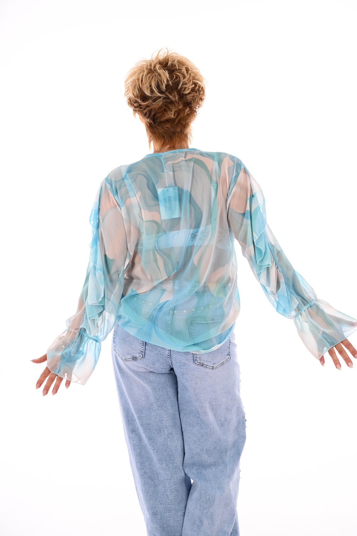 Blouse roezels met trompetmouwen abstract blauw/turquoise
