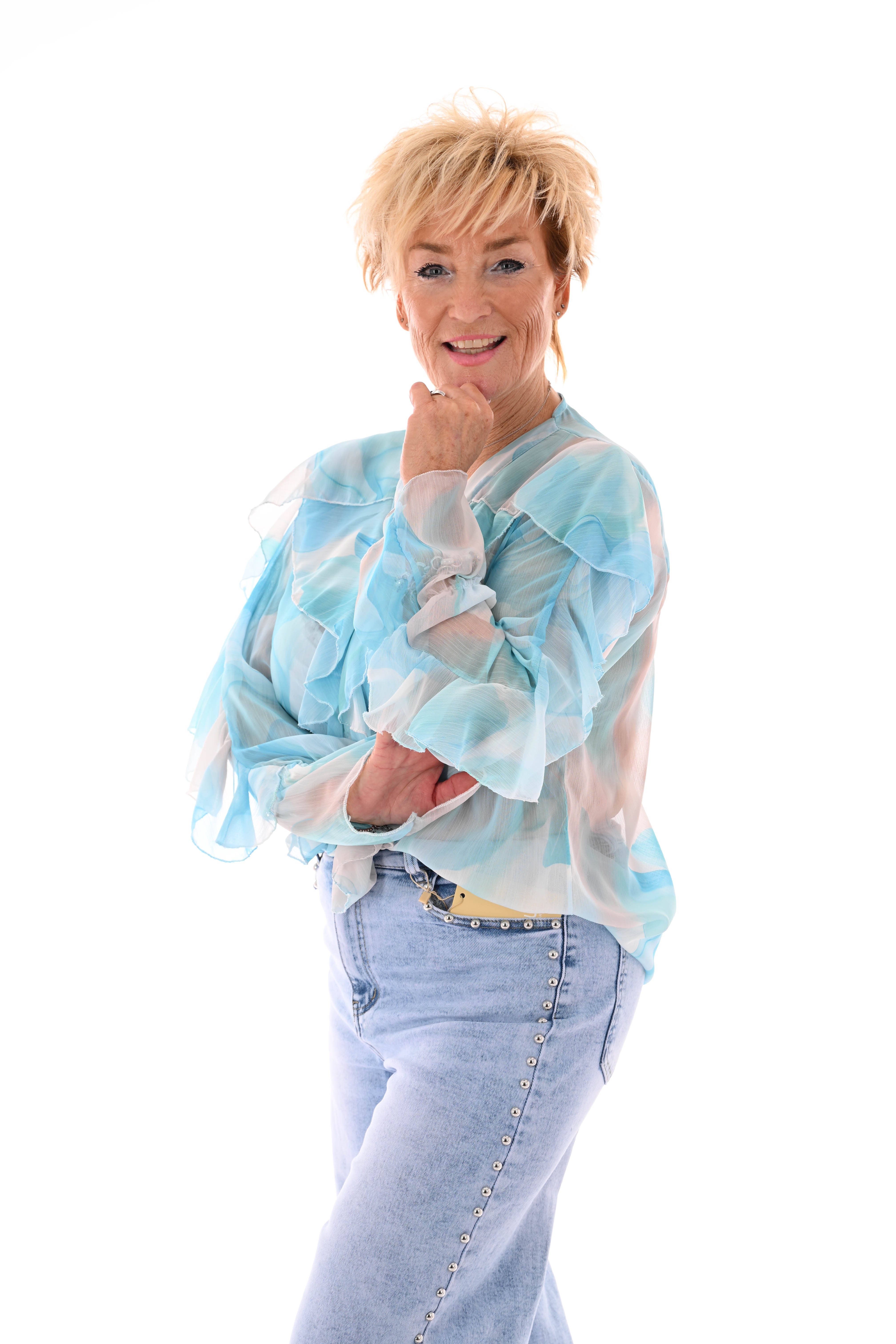 Blouse roezels met trompetmouwen abstract blauw/turquoise