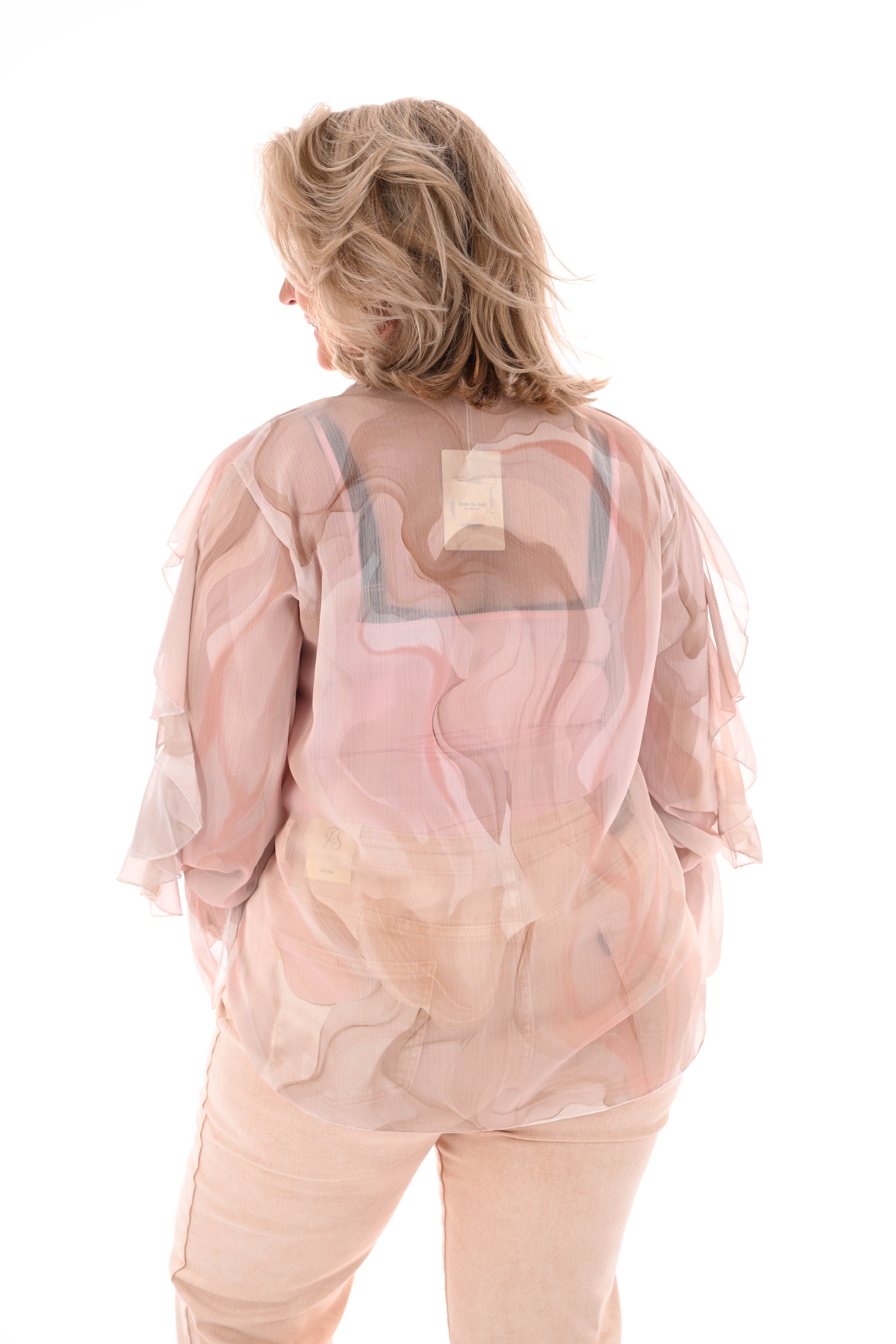 Blouse roezels met trompetmouwen abstract beige/taupe