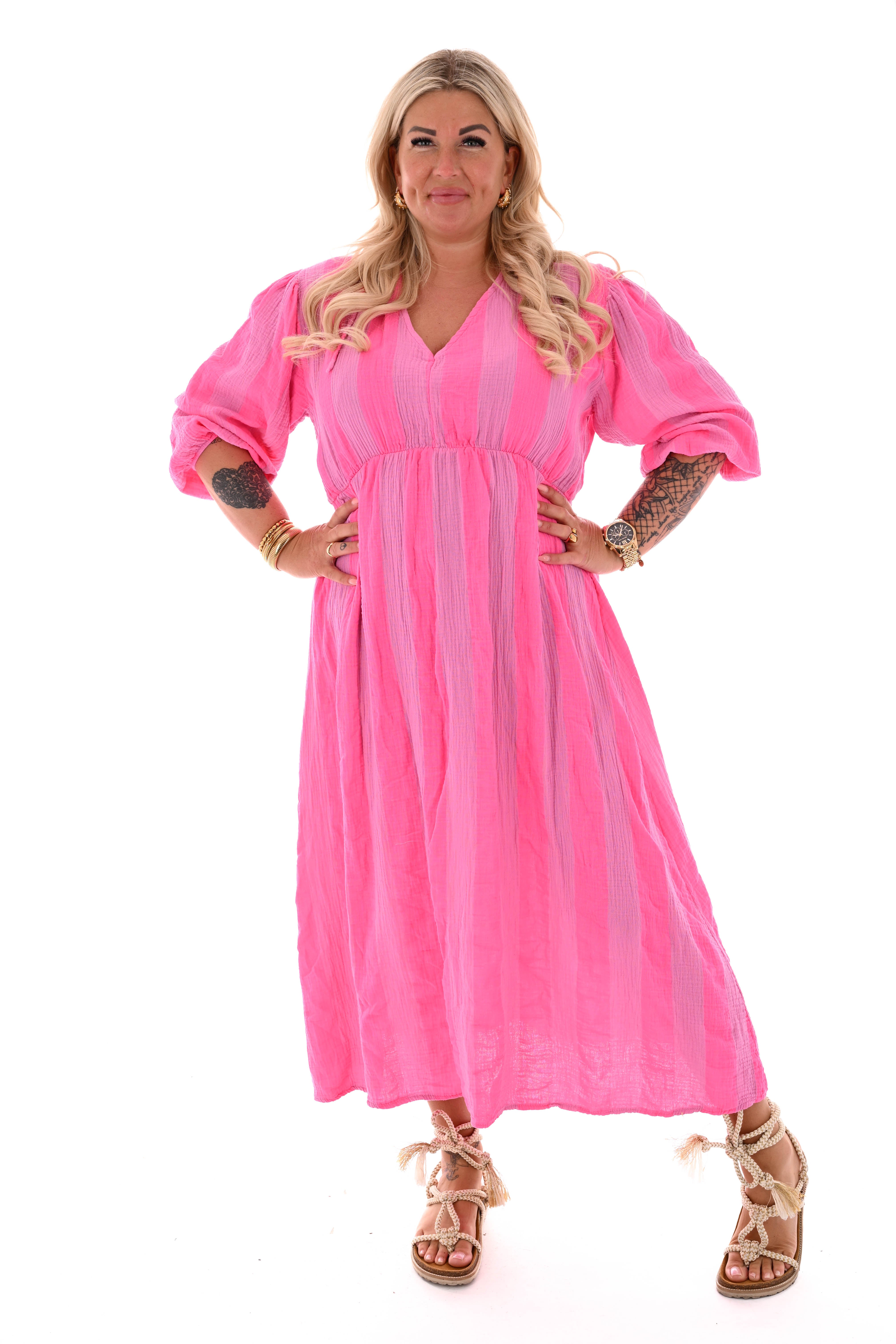 Jurk brede strepen v-hals felroze/roze