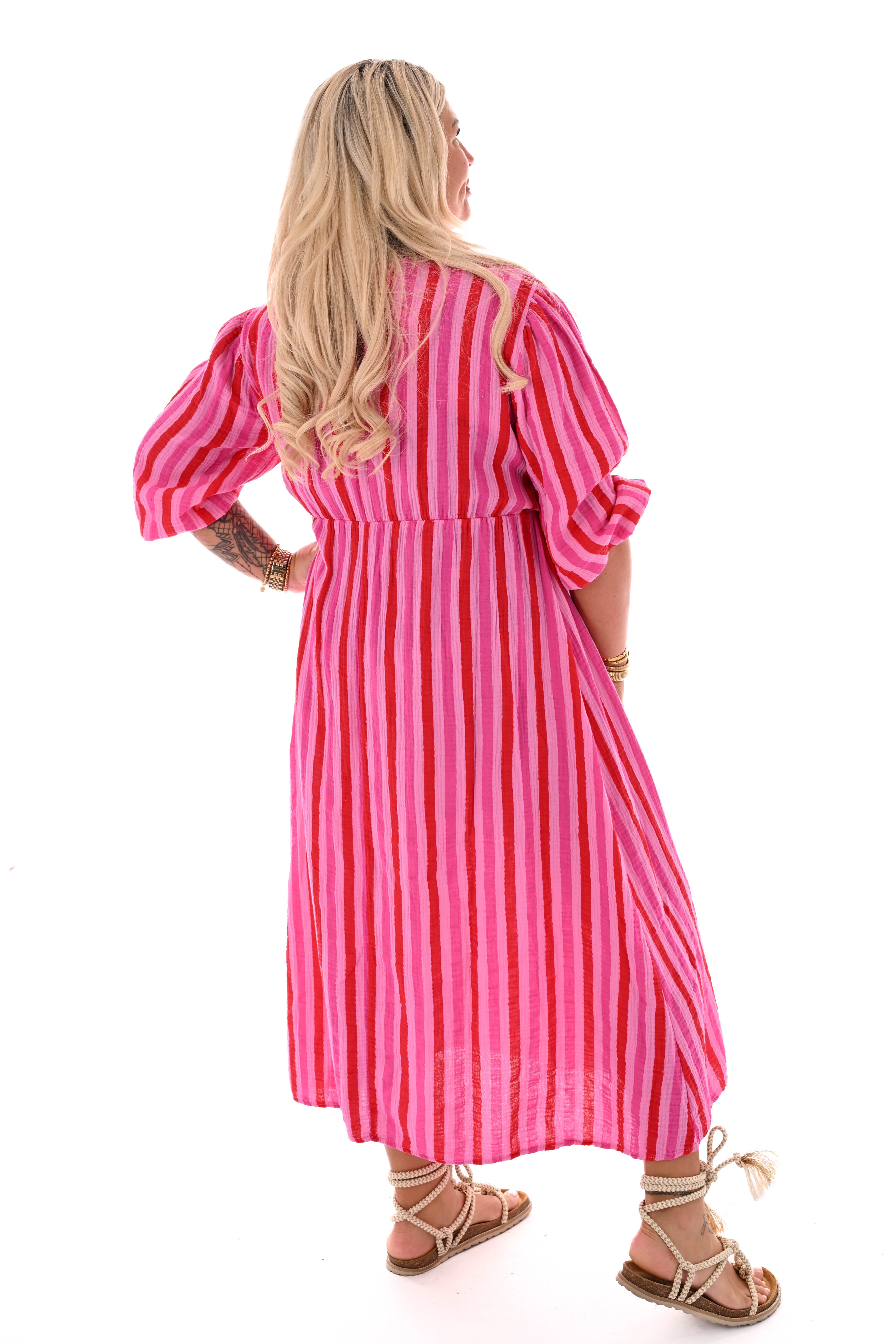 Jurk brede strepen v-hals rood/roze