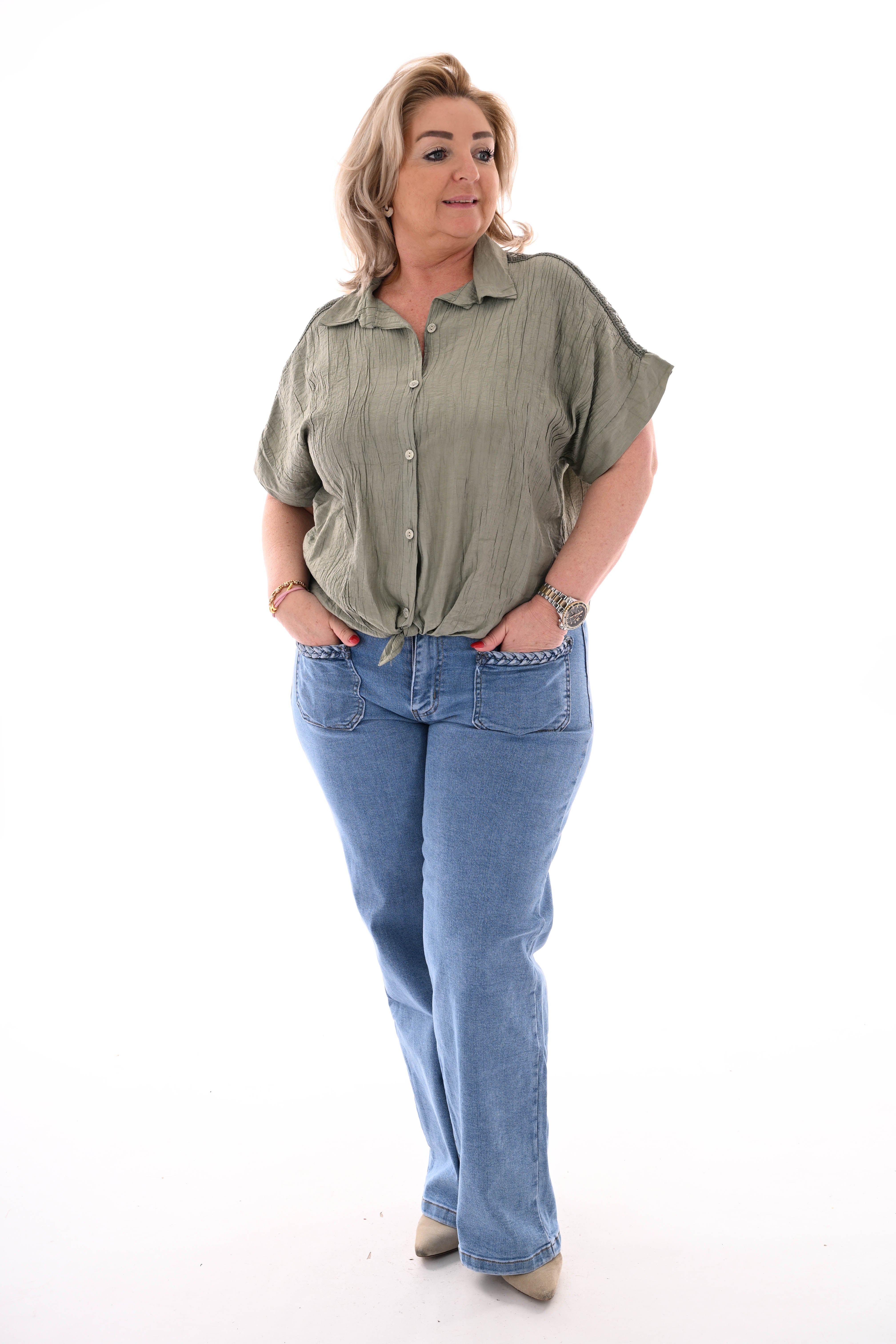 Blouse korte mouwen pailletten details legergroen