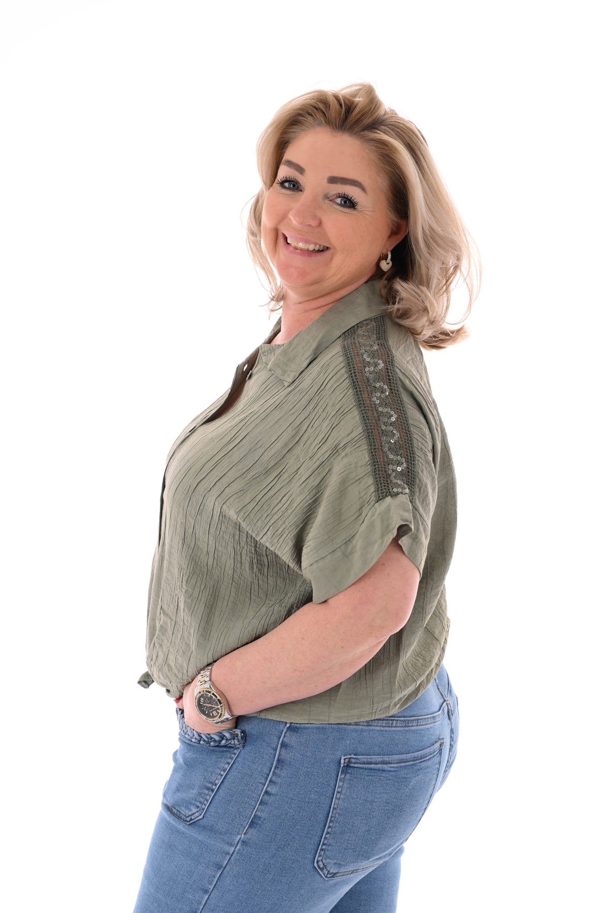 Blouse korte mouwen pailletten details legergroen