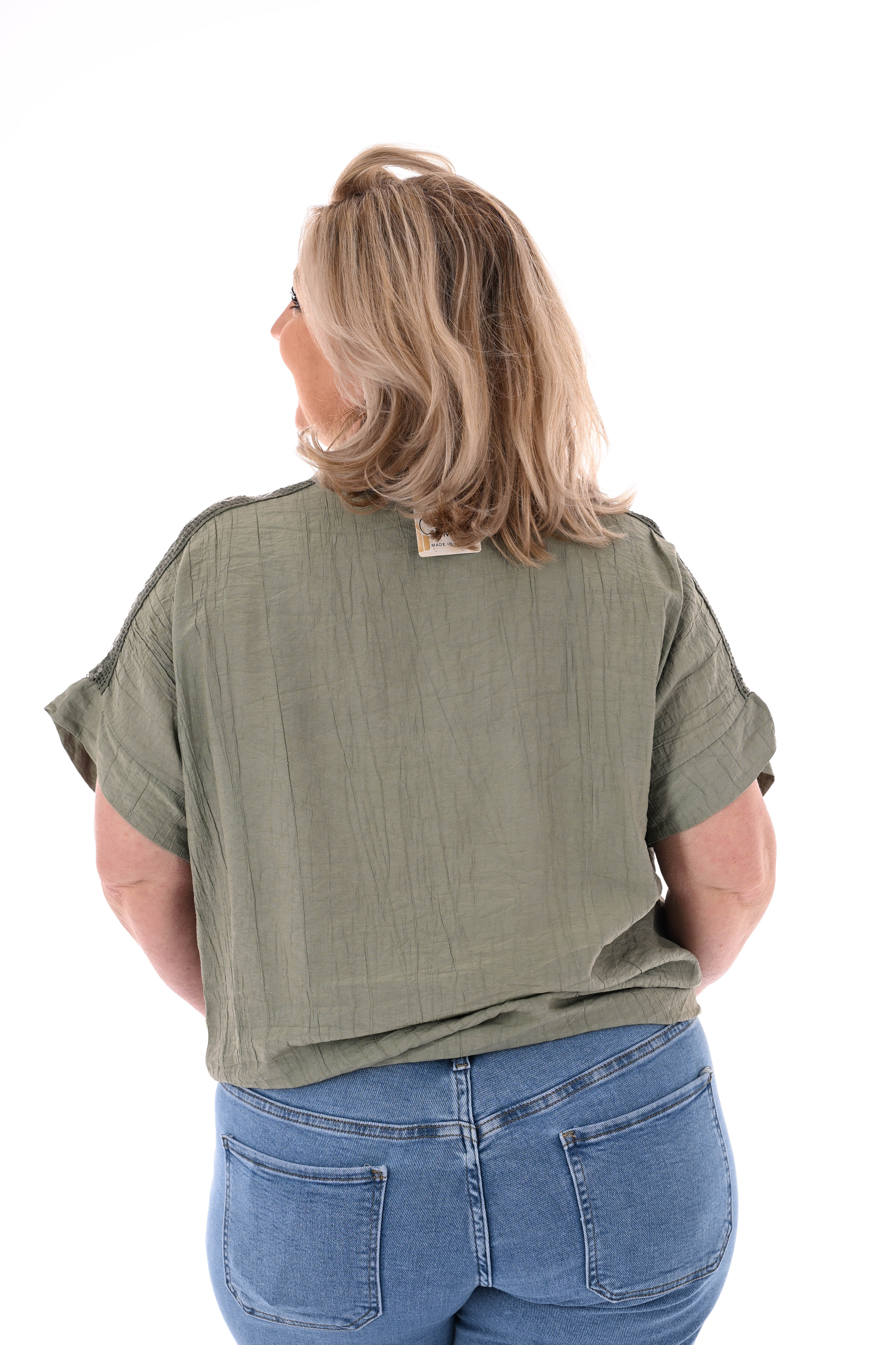 Blouse korte mouwen pailletten details legergroen