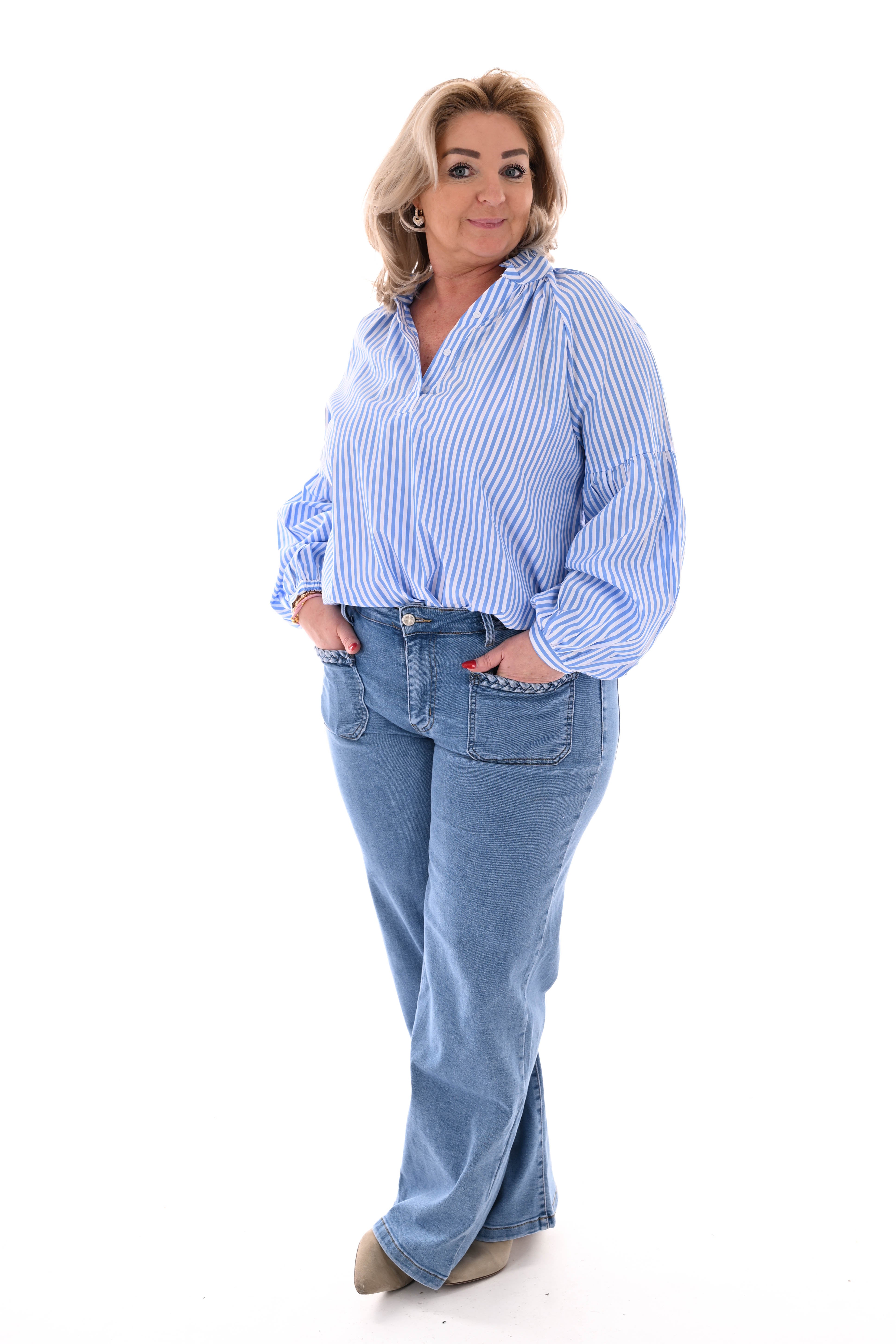 Blouse pofmouwen met streepjes blauw