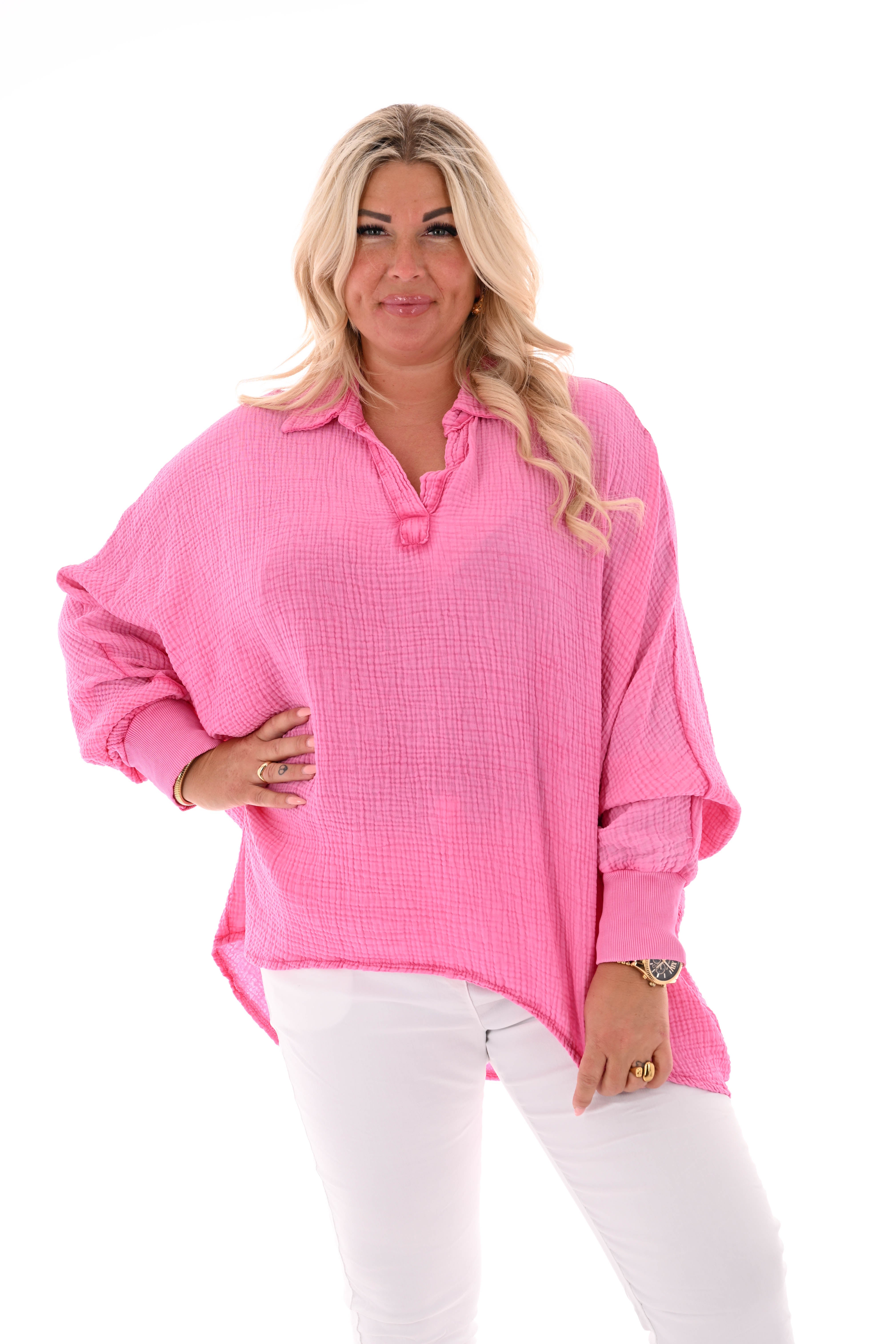 Wafel top lange vleermuismouwen v-hals uni roze