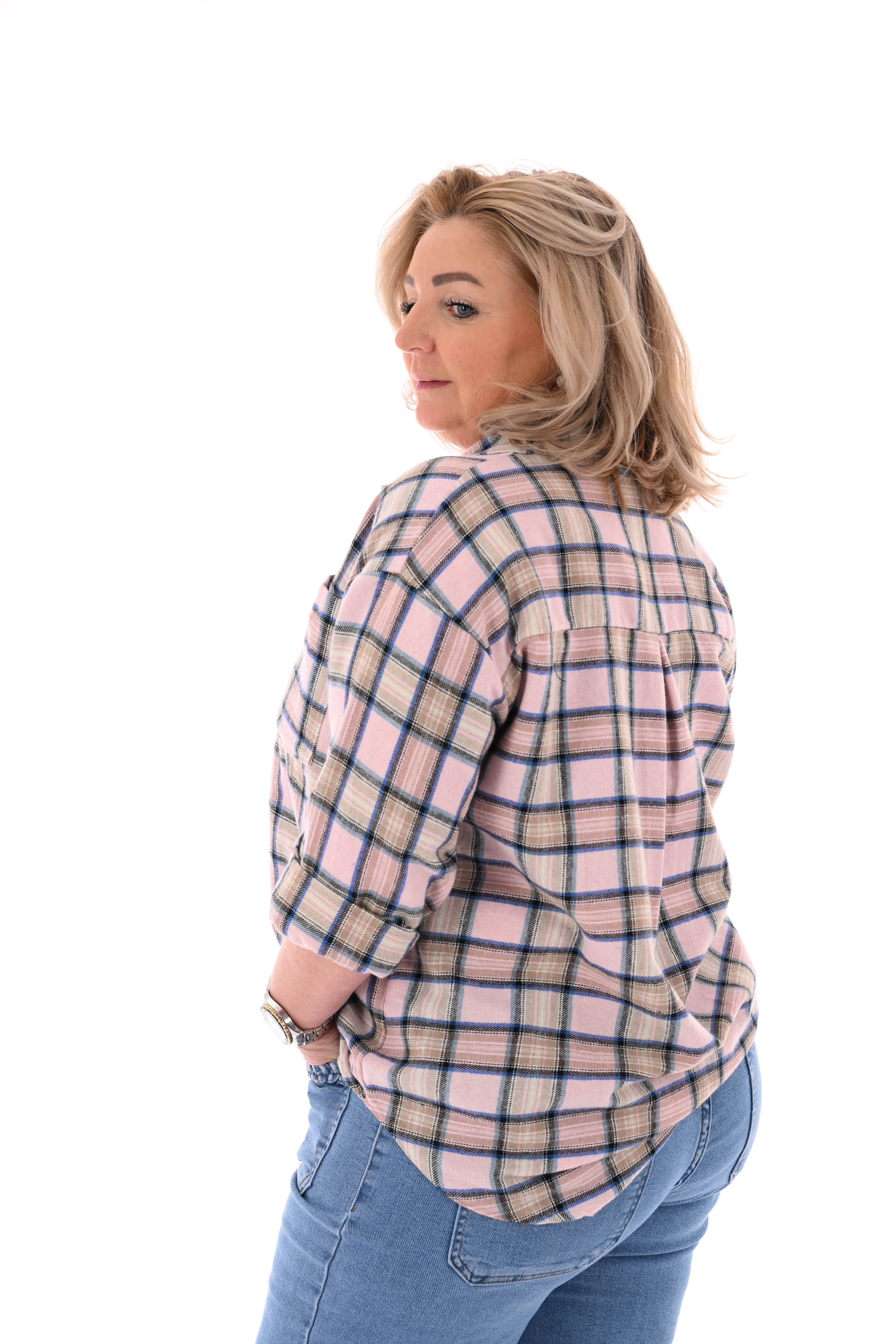 Geruite blouse met borstzak lichtroze/beige