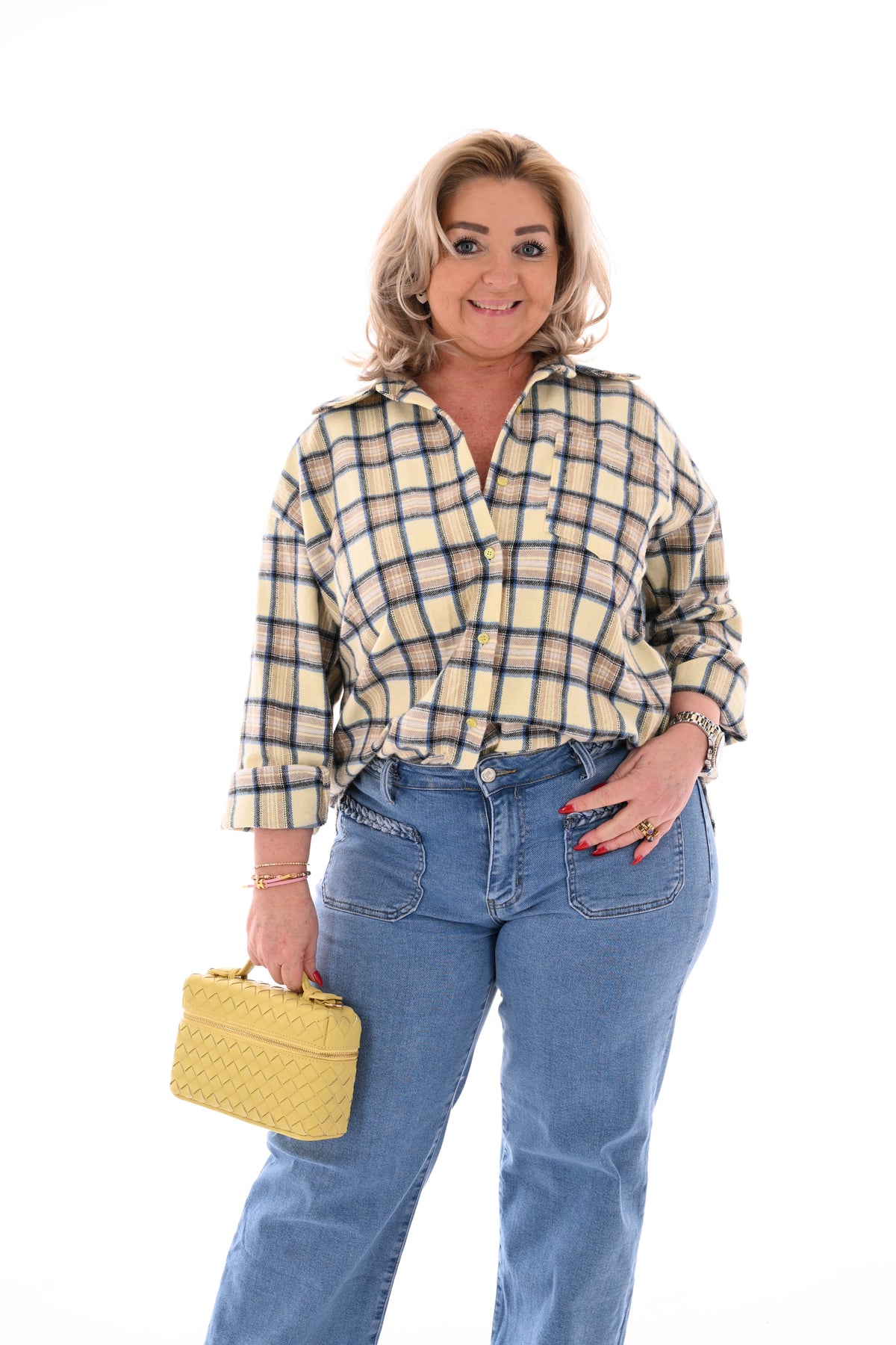 Geruite blouse met borstzak lichtgeel/beige