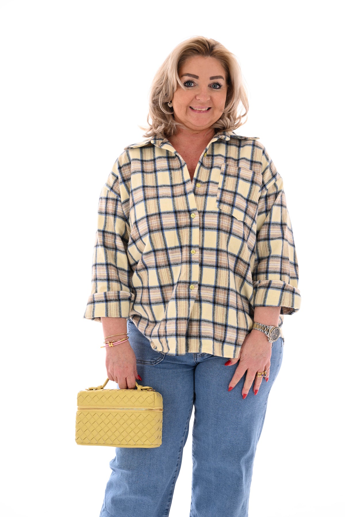 Geruite blouse met borstzak lichtgeel/beige