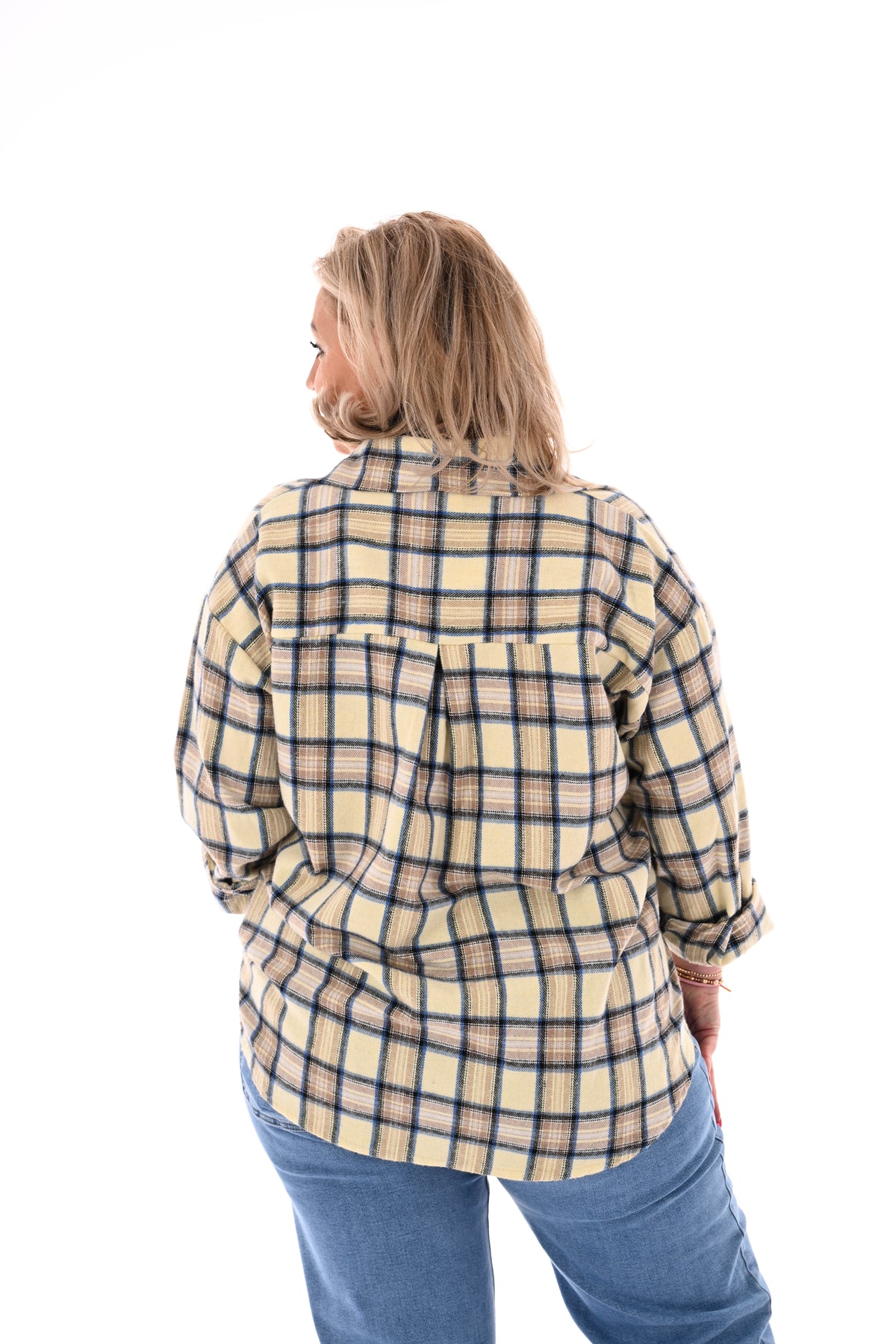 Geruite blouse met borstzak lichtgeel/beige