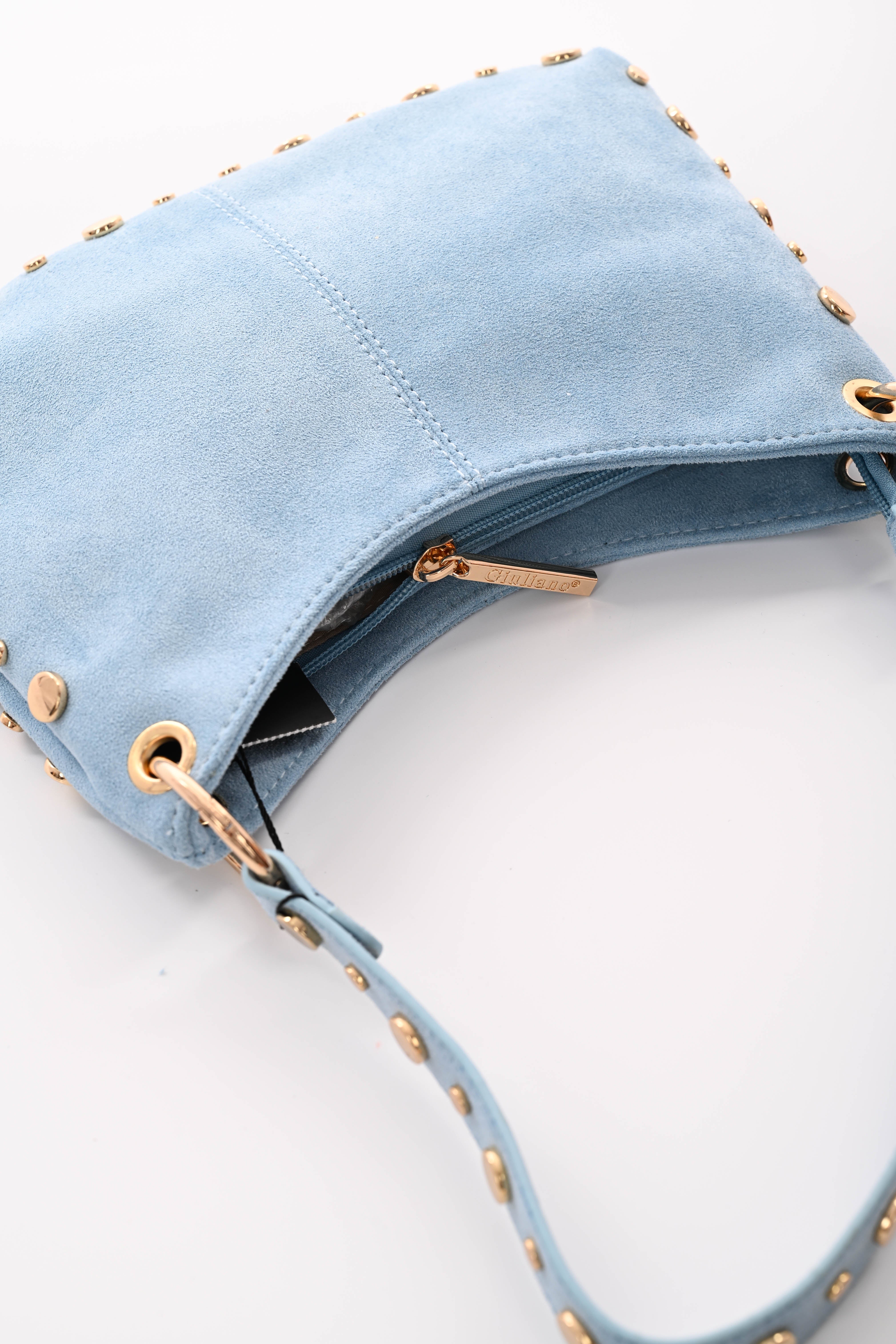 Kleine handtas suedelook studs lichtblauw