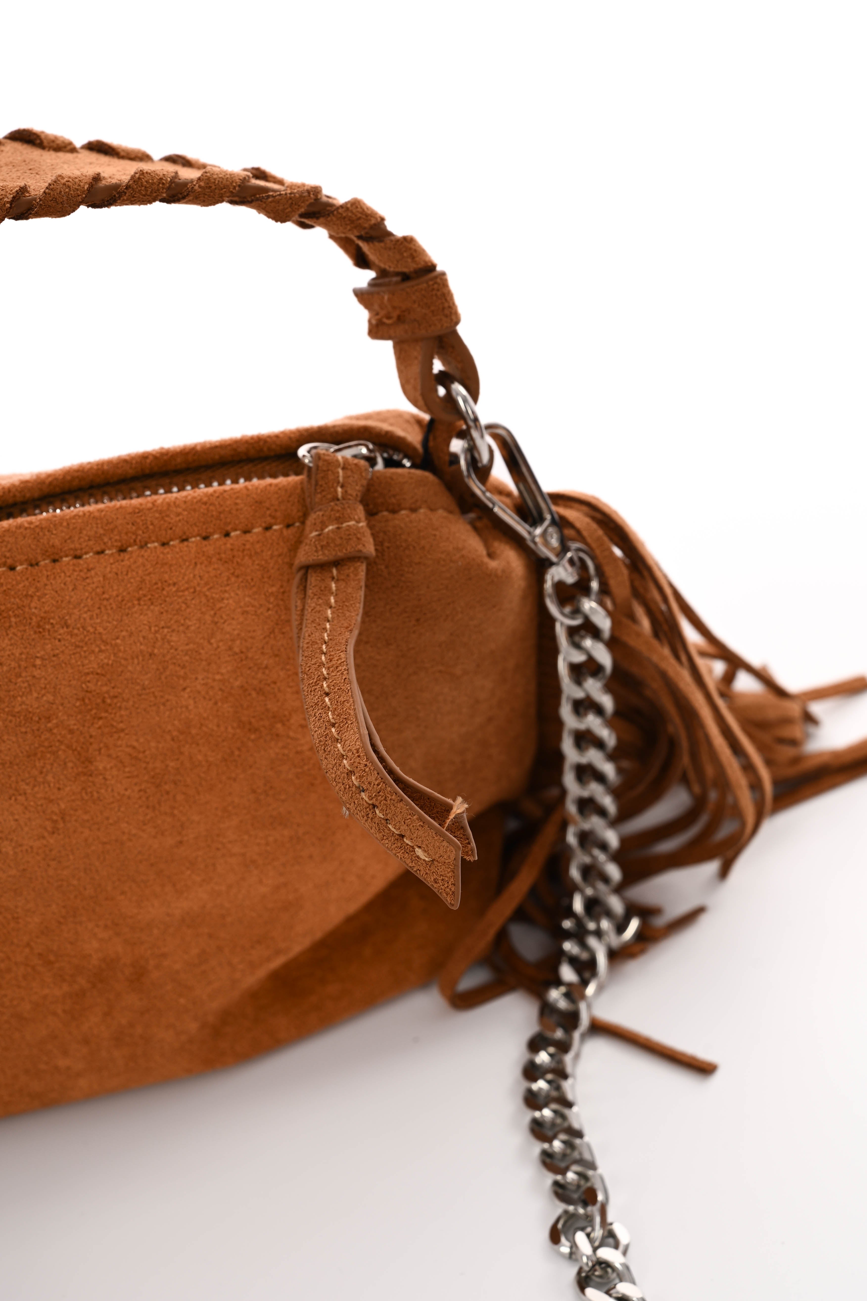 Suedelook handtas franjes cognac