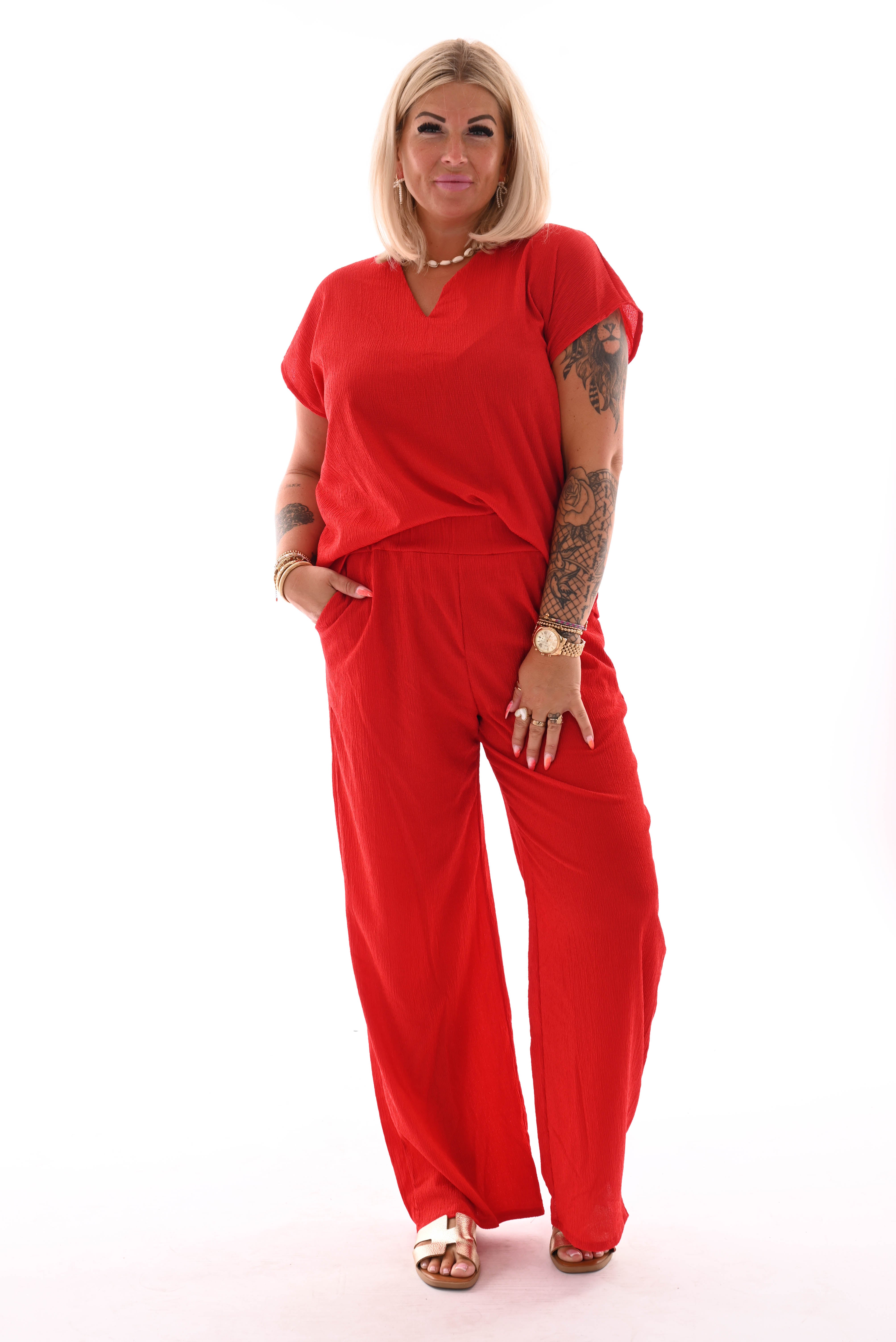 Tweedelig set v-hals uni rood