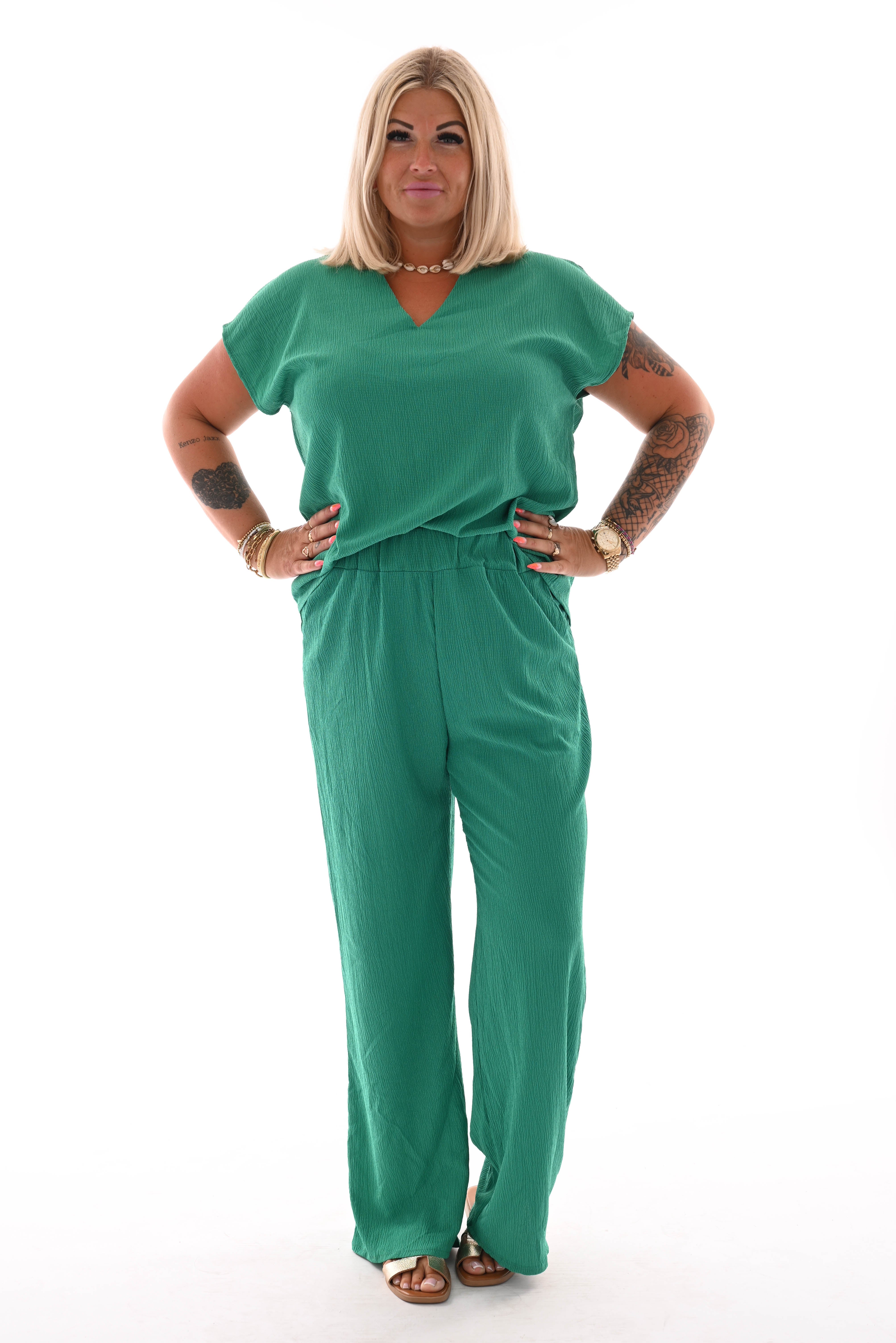 Tweedelig set v-hals uni groen