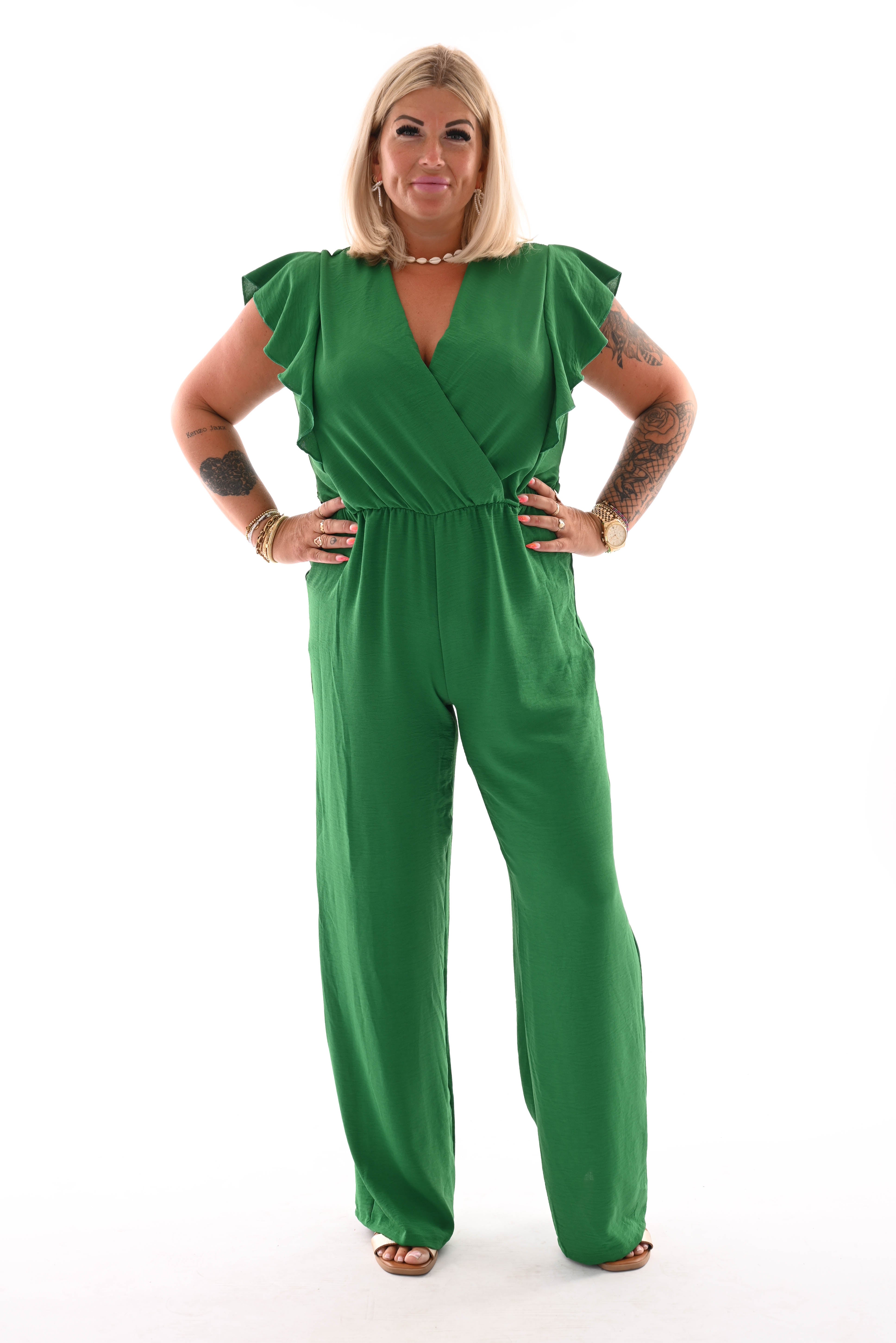 Jumpsuit korte roezel mouwen uni appelgroen