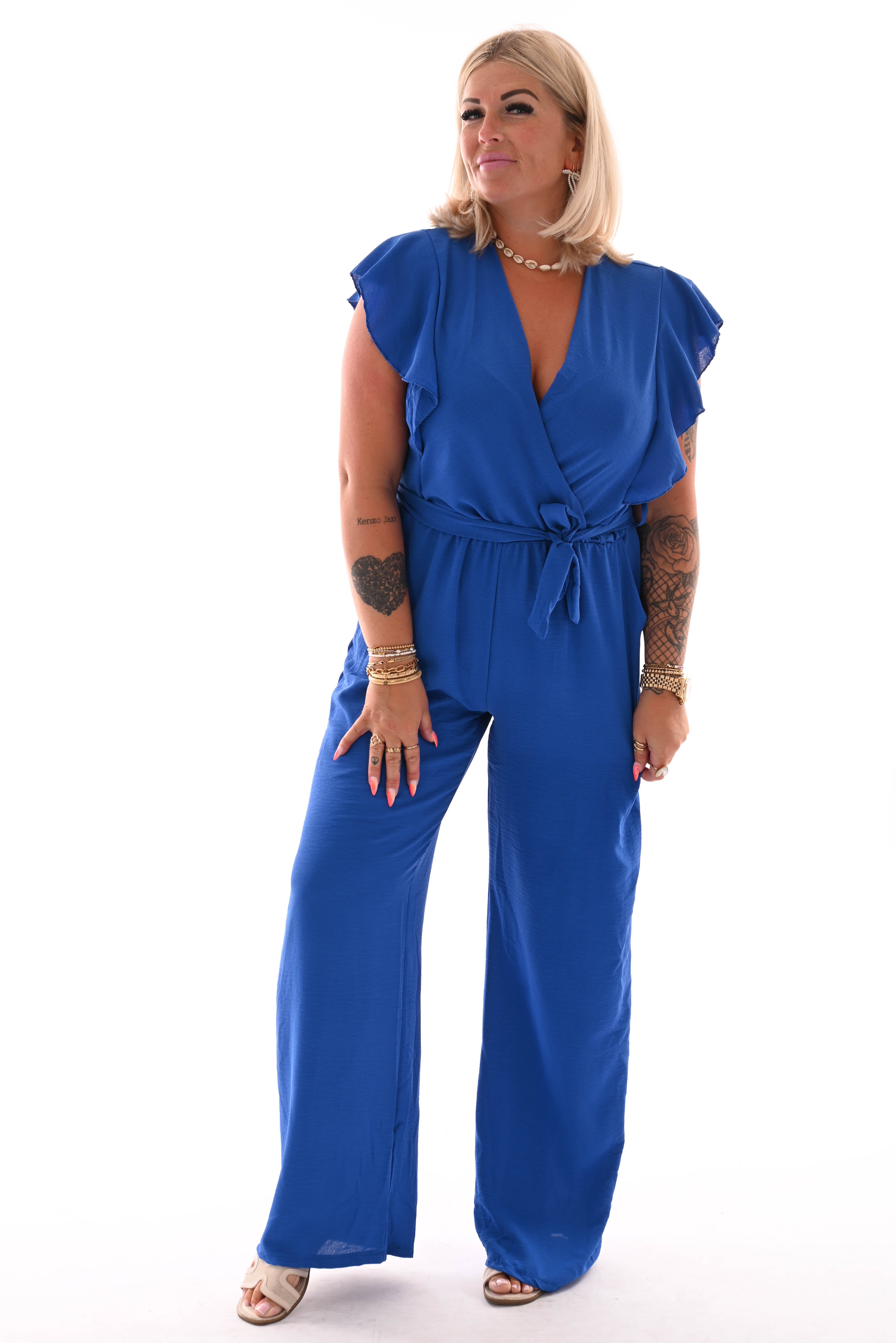 Jumpsuit korte roezel mouwen uni kobaltblauw