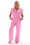 Jumpsuit korte roezel mouwen uni lichtroze