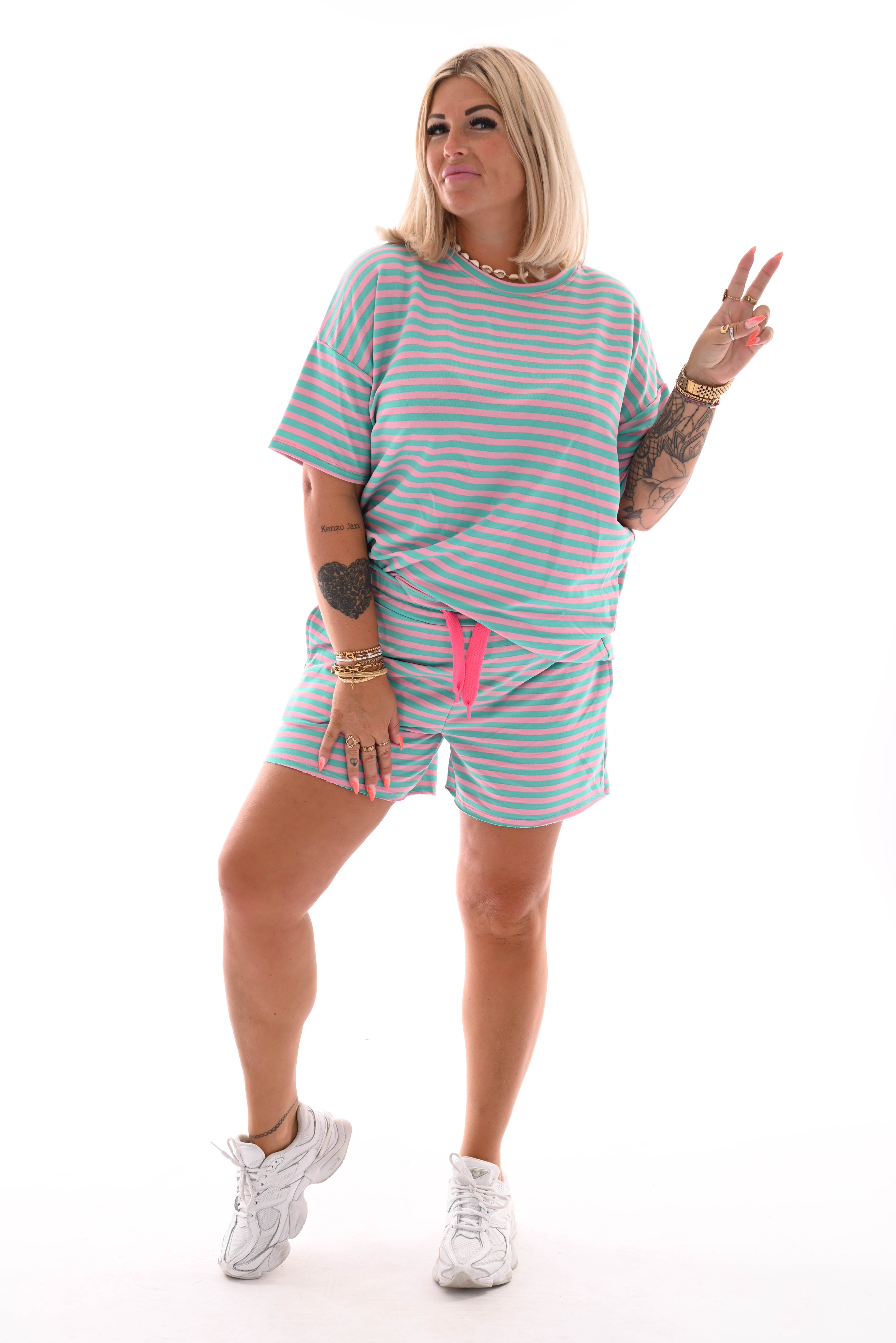 Twinset gestreept lichtroze/turquoise