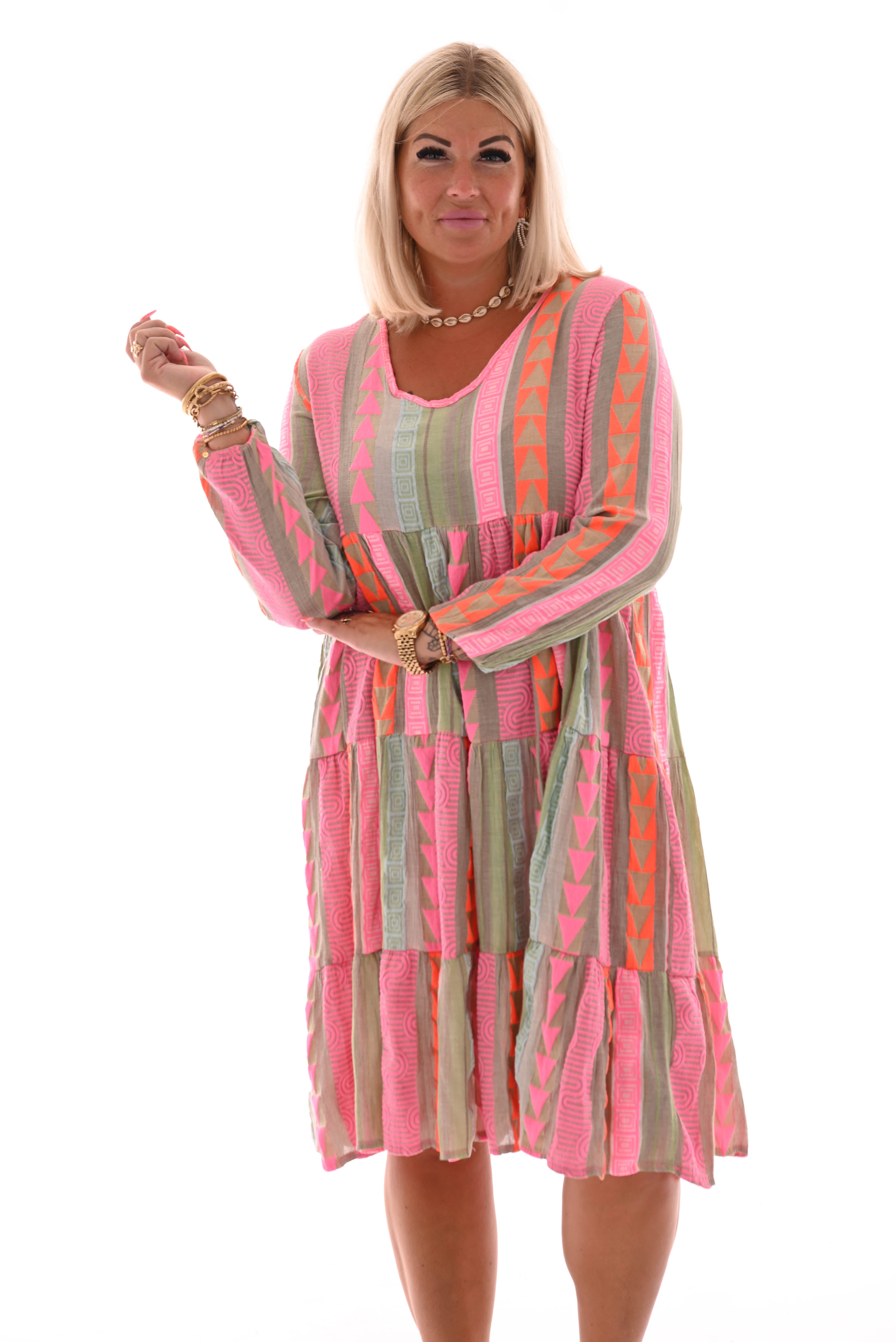 Jurk v-hals aztec mintgroen/roze