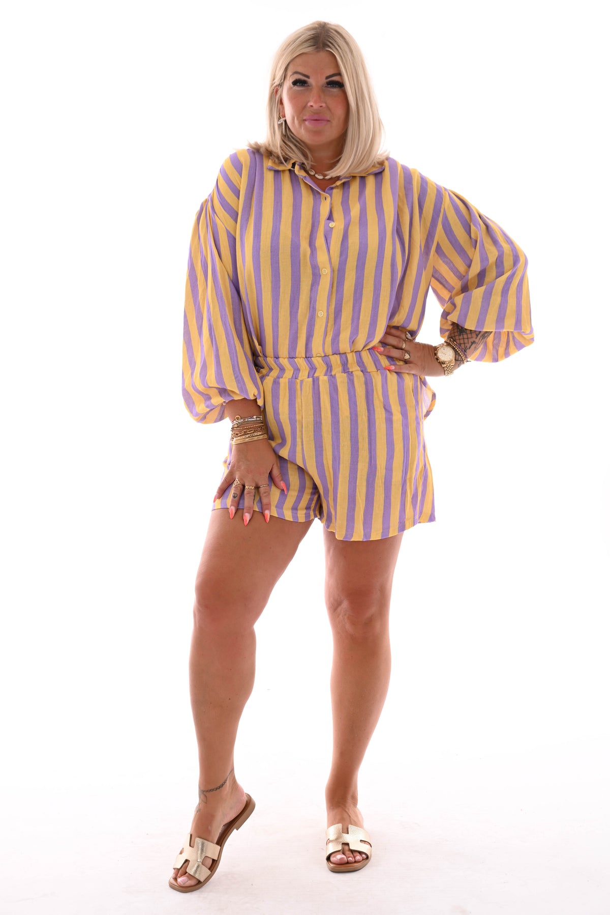 Twinset doorknoop blouse strepen lila/geel
