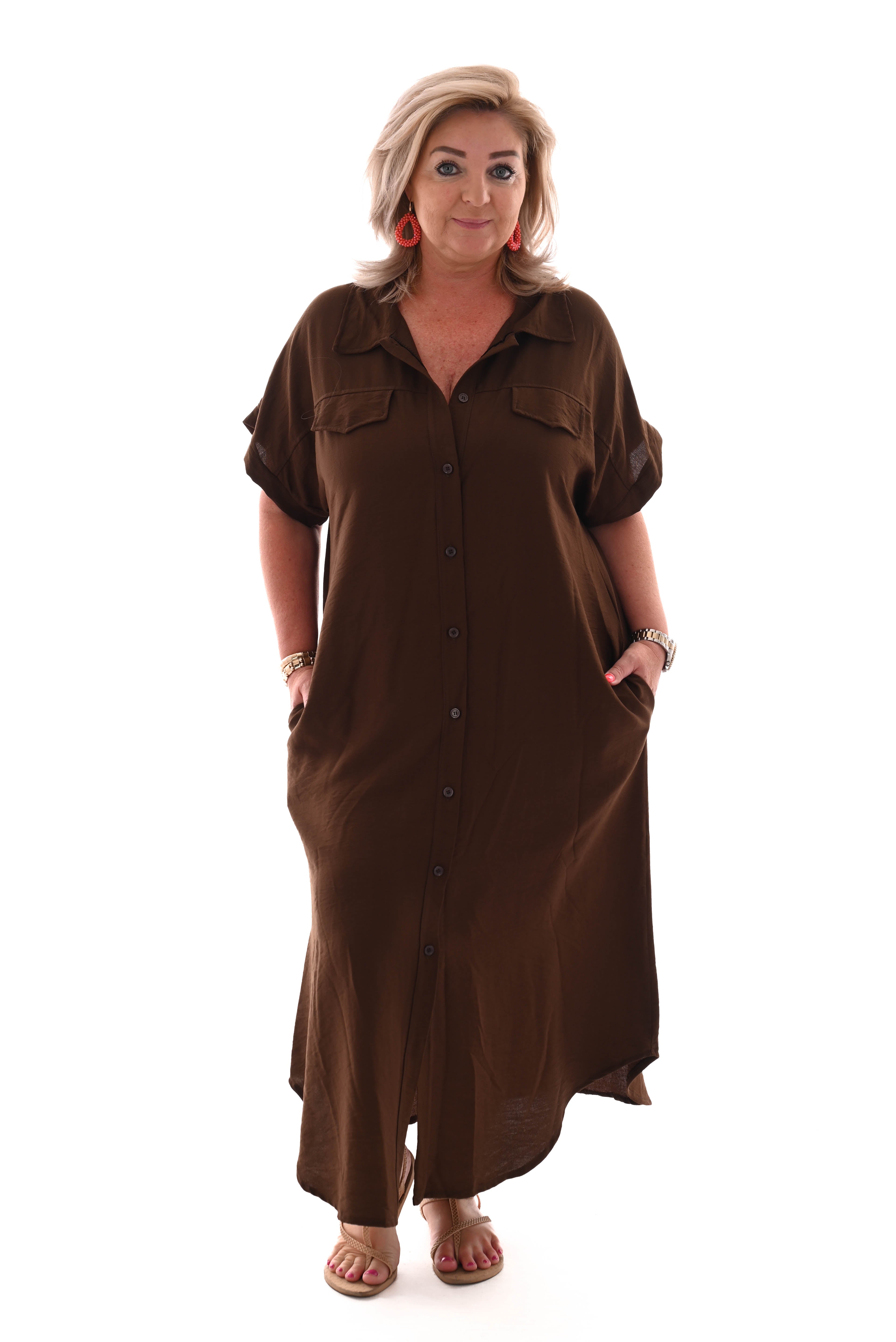 Blouse jurk doorknoop donkerbruin