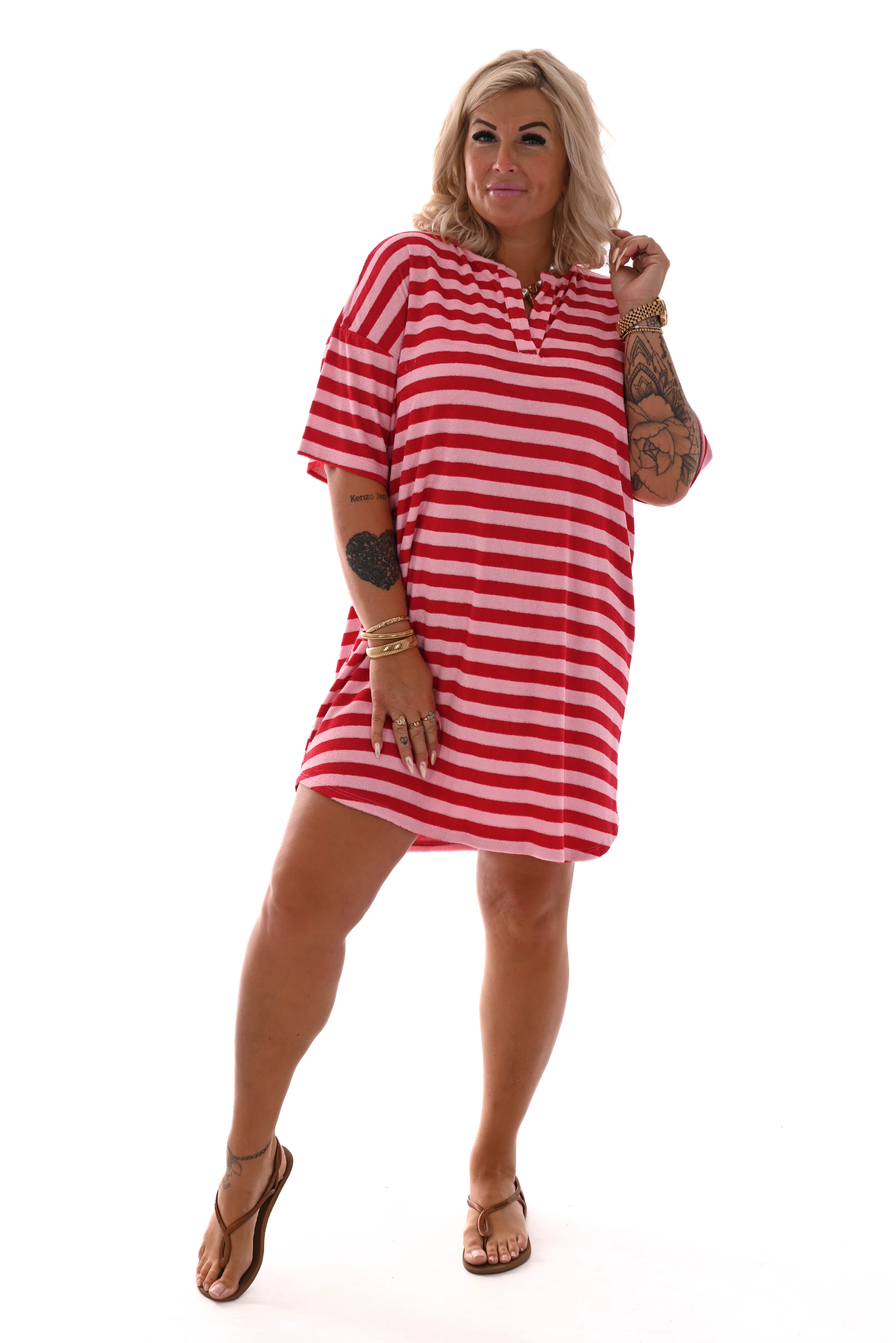 Badstof tuniek strepen v-hals roze/rood