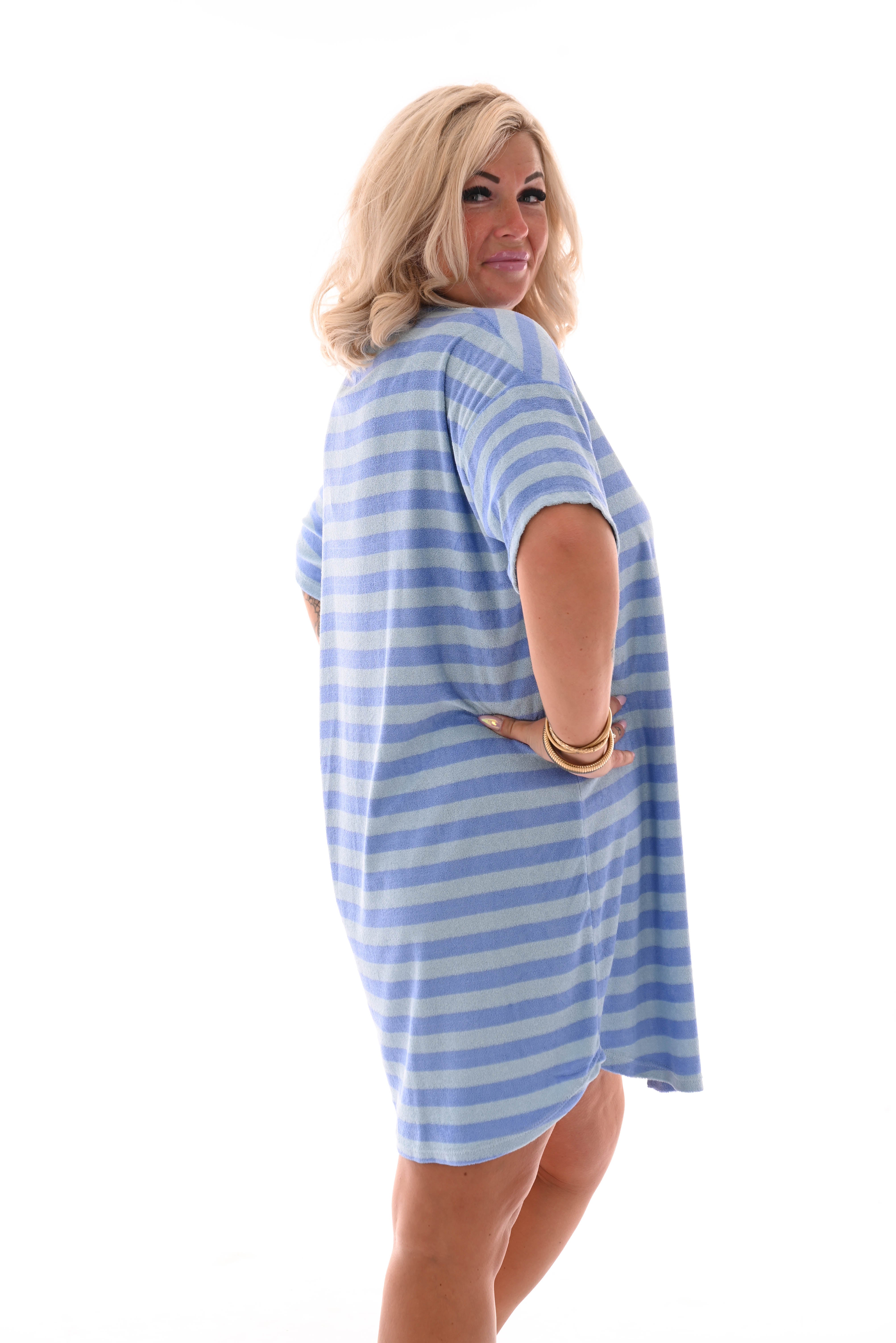 Badstof tuniek strepen v-hals blauw/lichtblauw