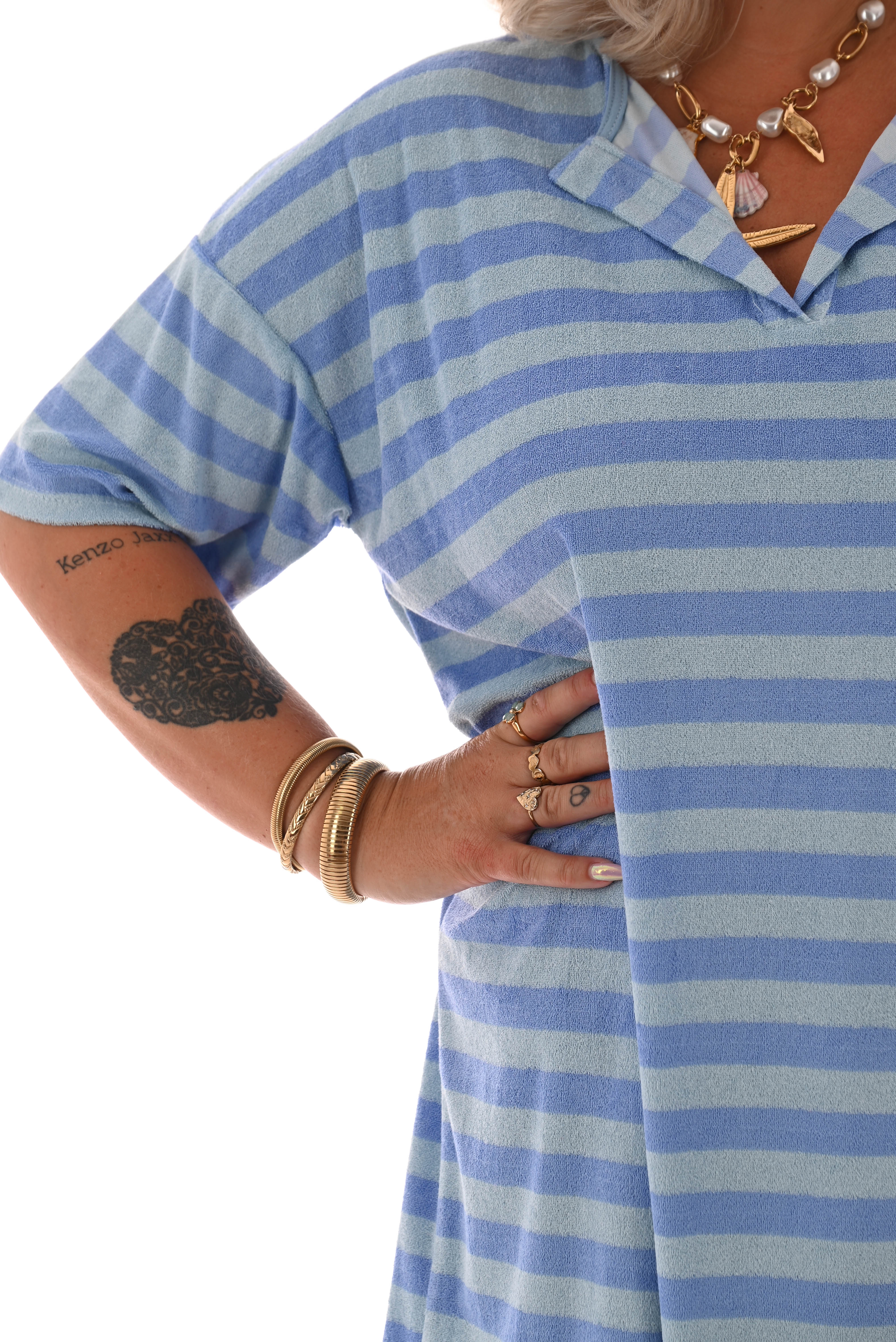 Badstof tuniek strepen v-hals blauw/lichtblauw