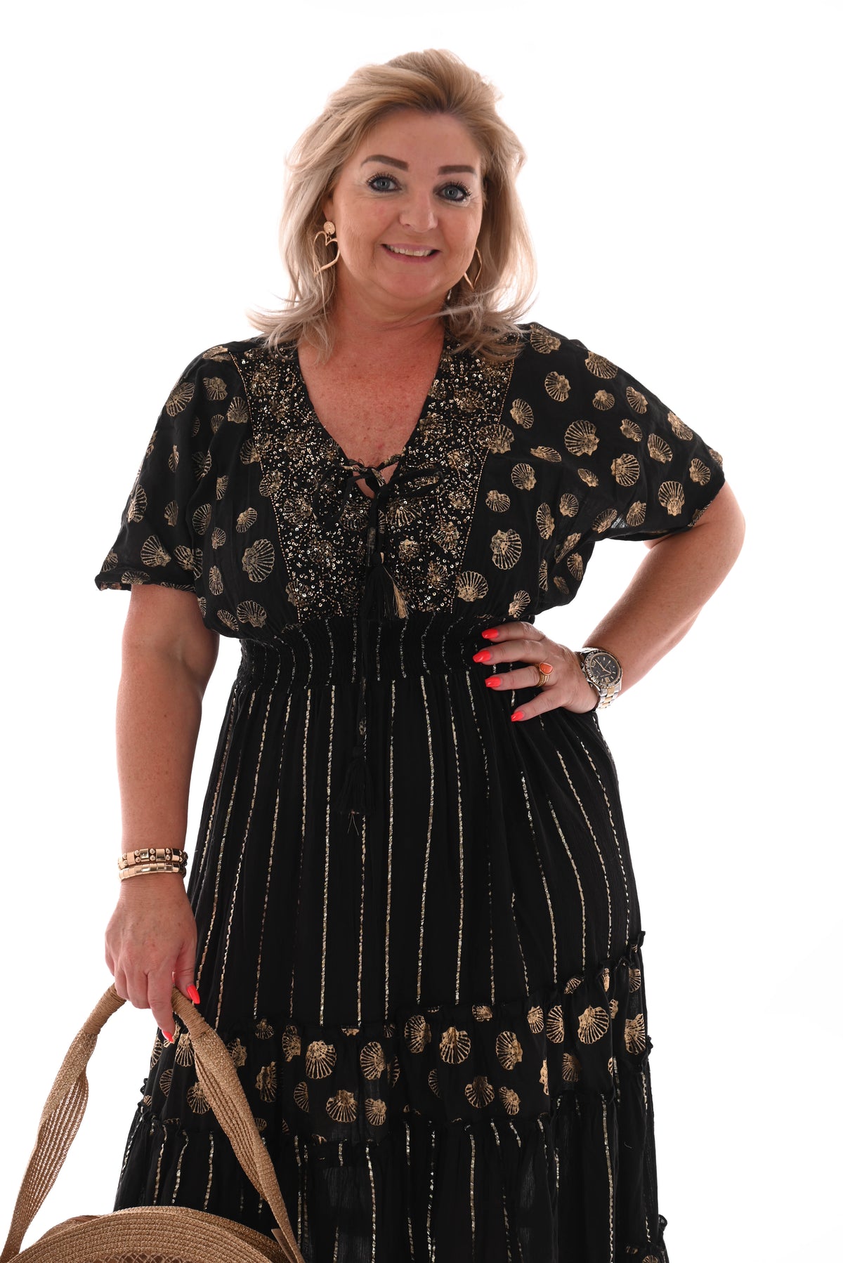 Lange jurk smock taille schelpen zwart/goud