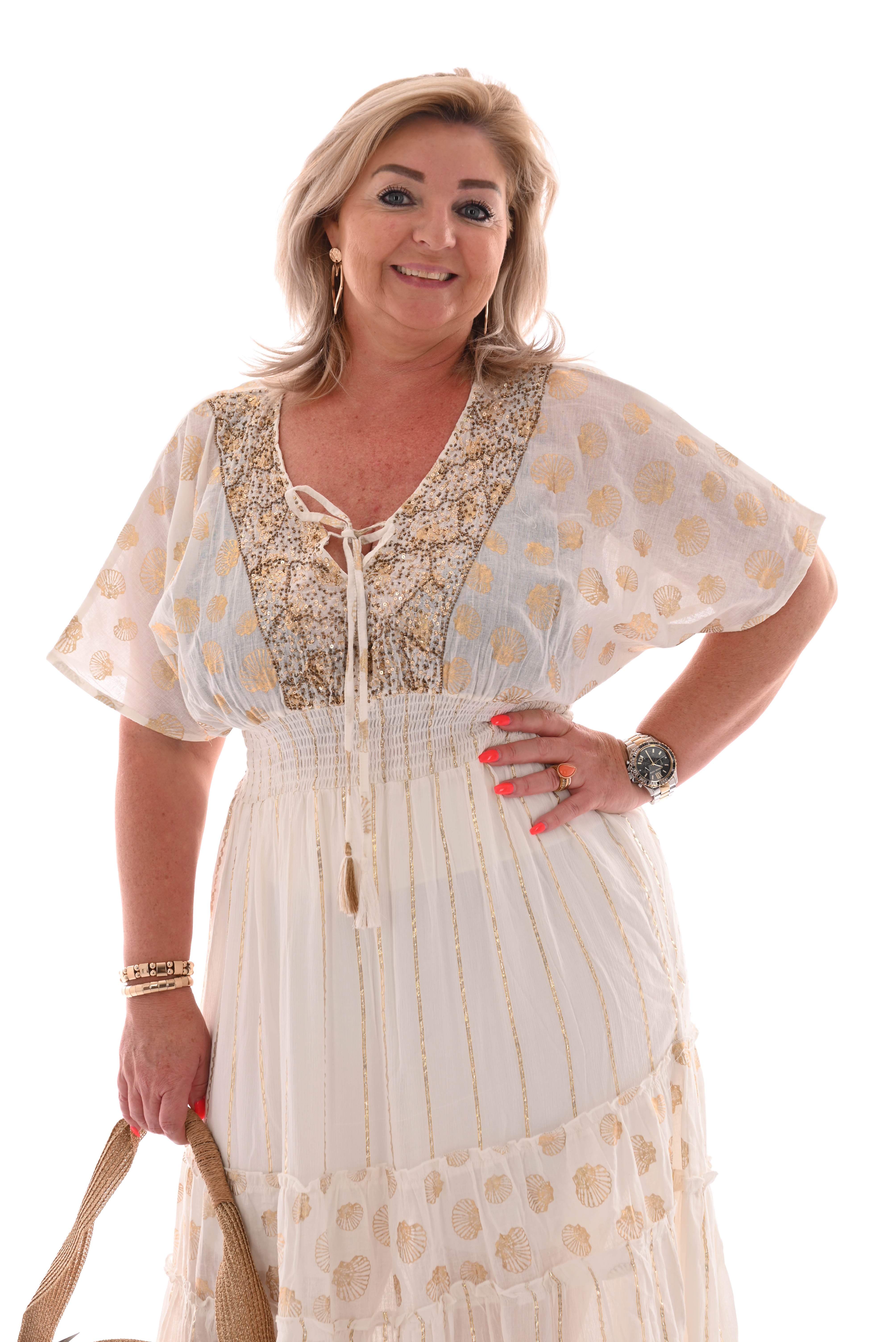 Lange jurk smock taille schelpen roomwit