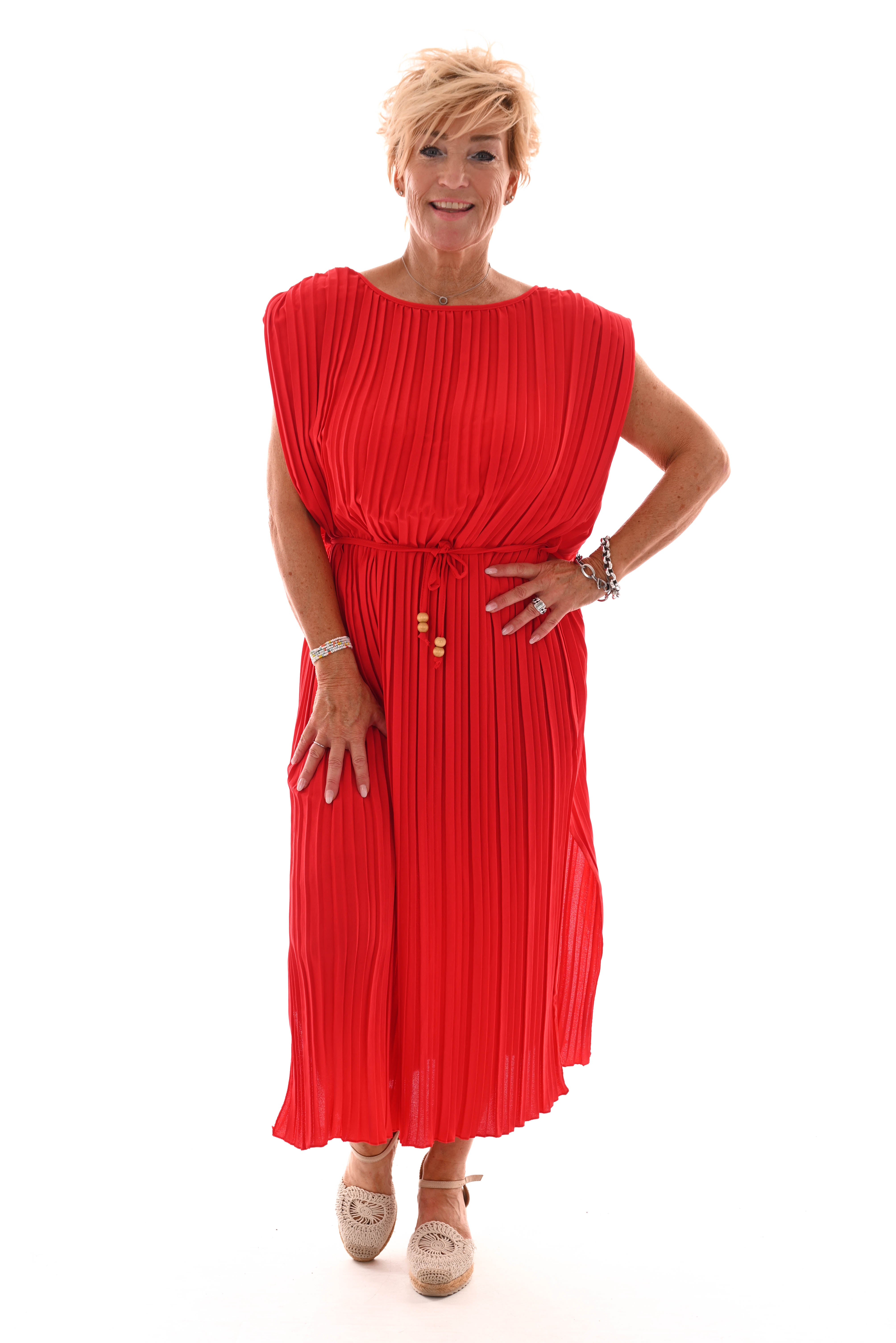 Plisse jurk met ceintuur rood