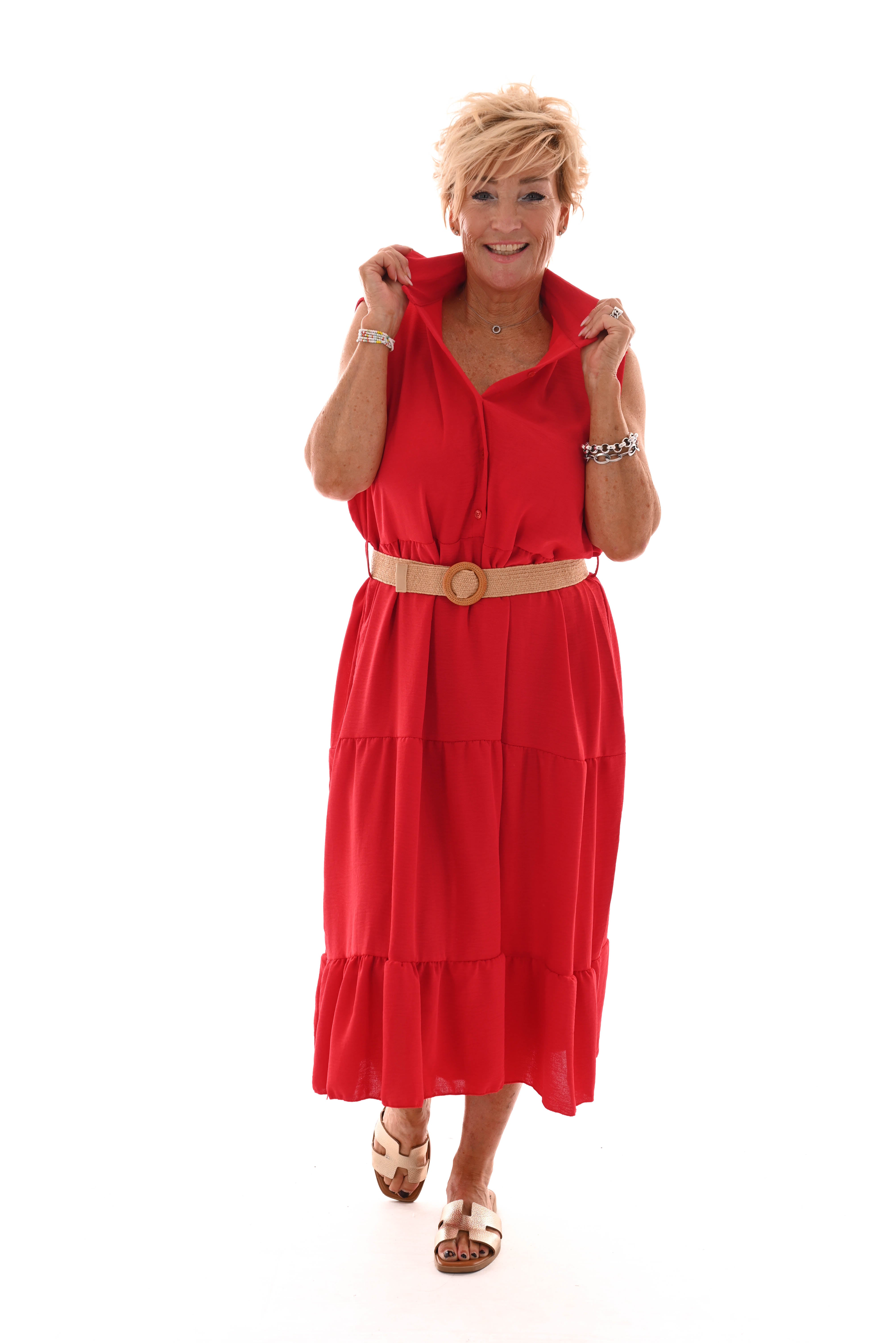 Midi jurk met kraag en stroken rood