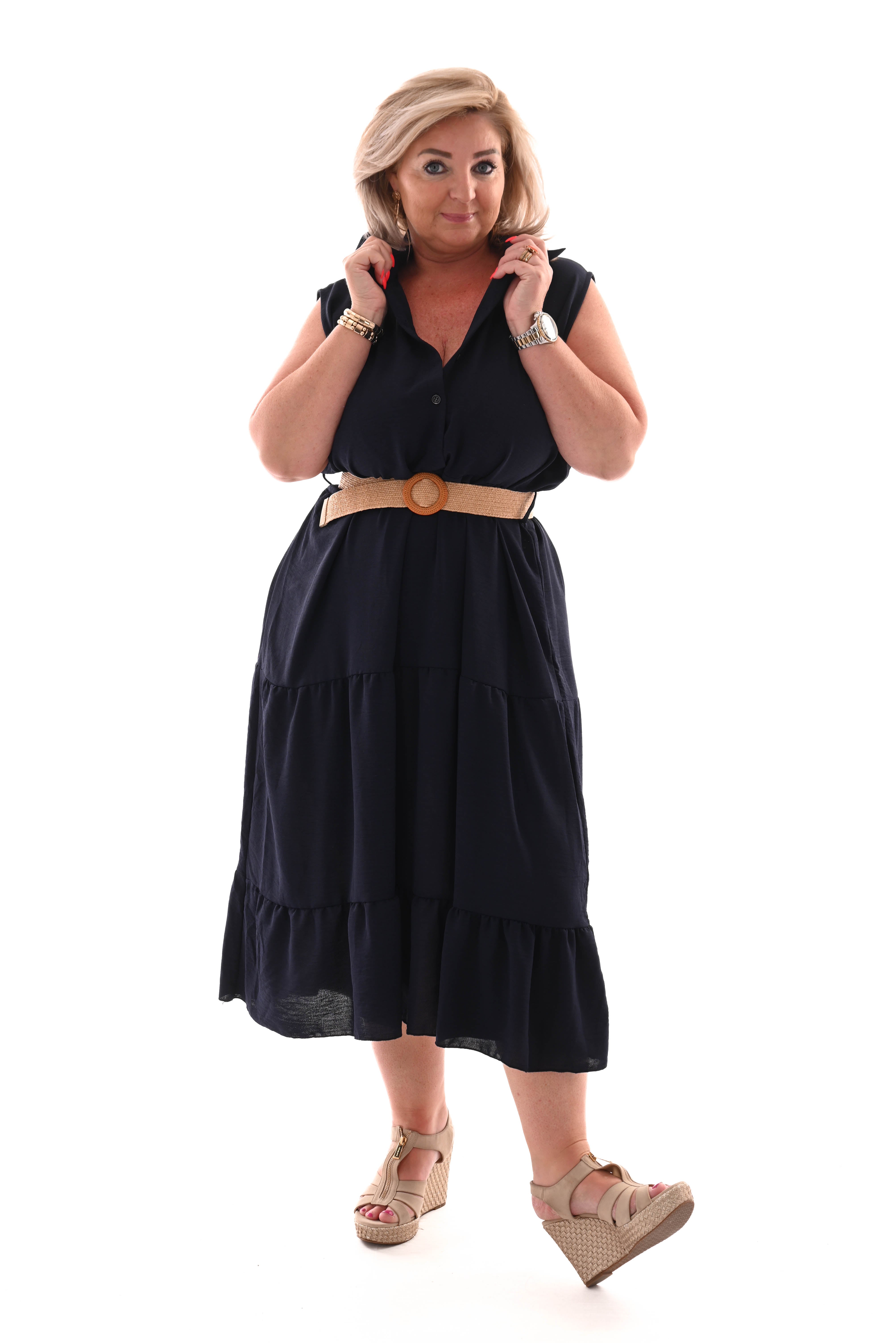 Midi jurk met kraag en stroken marineblauw