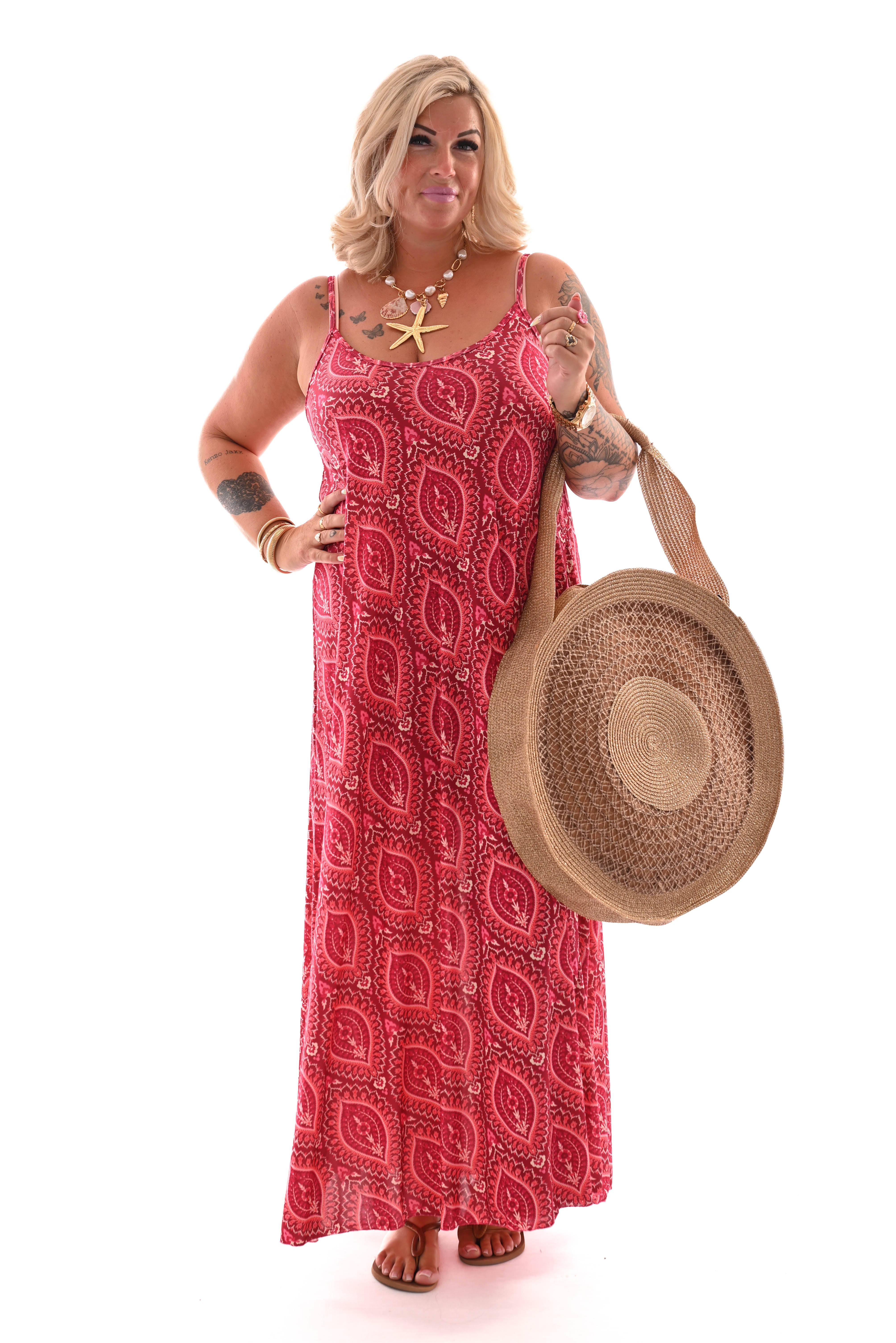 Jurk spaghetti bandjes lang paisley brick/roze