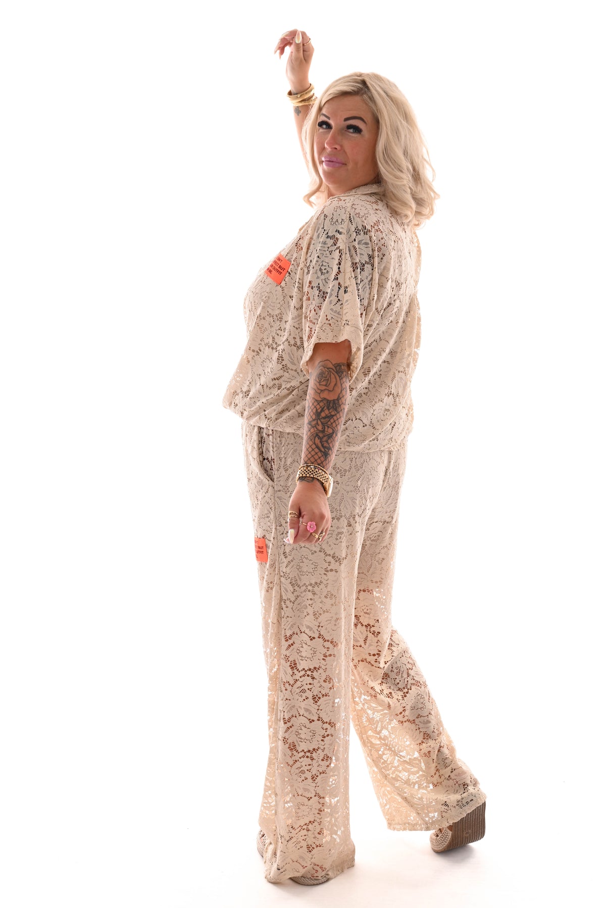 Tweedelig set kant applicatie beige