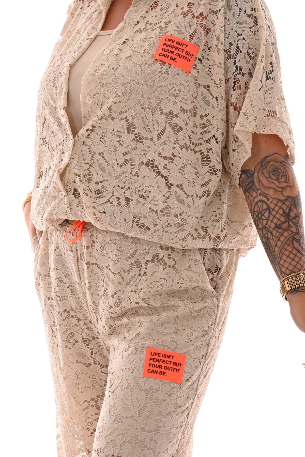 Tweedelig set kant applicatie beige