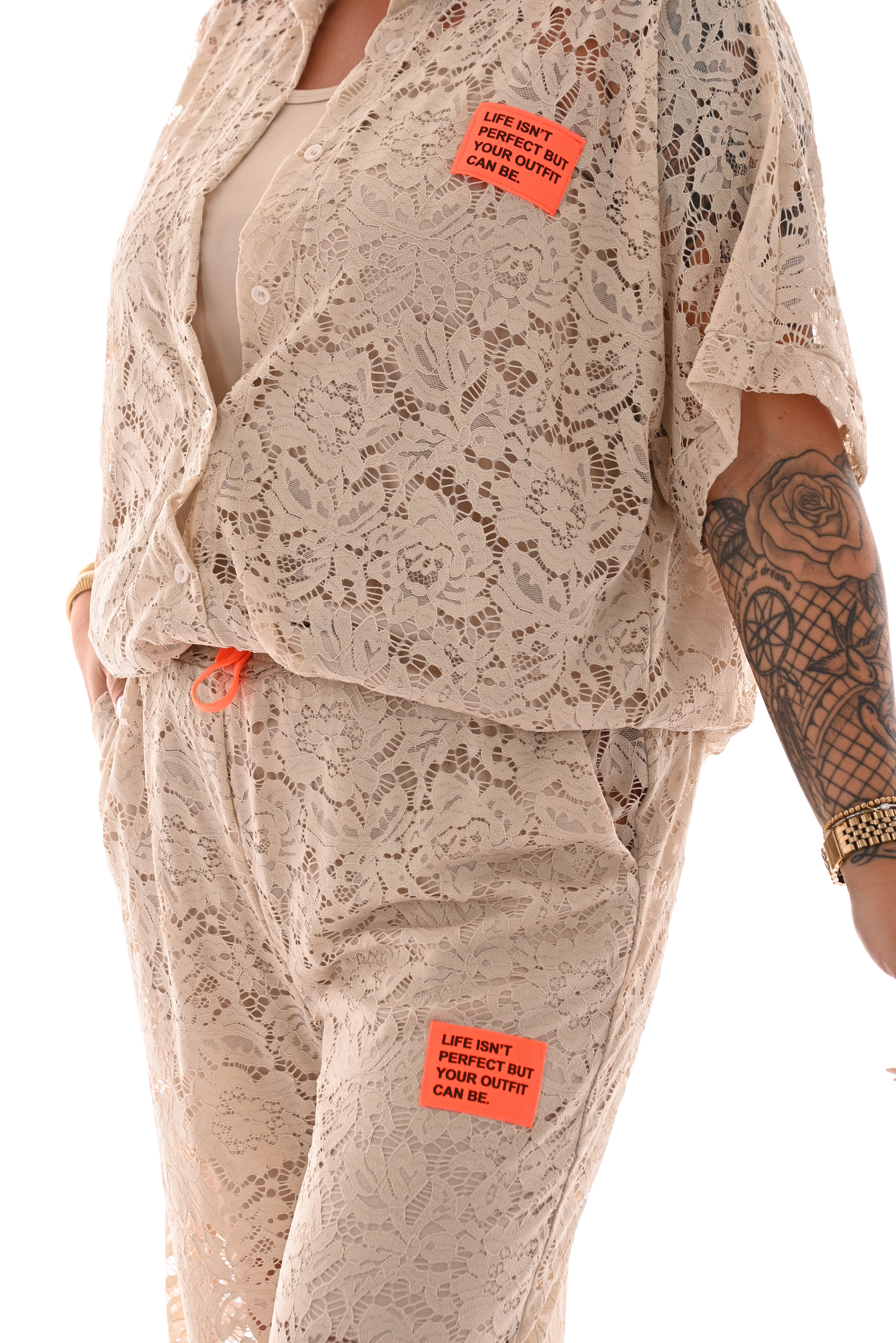 Tweedelig set kant applicatie beige