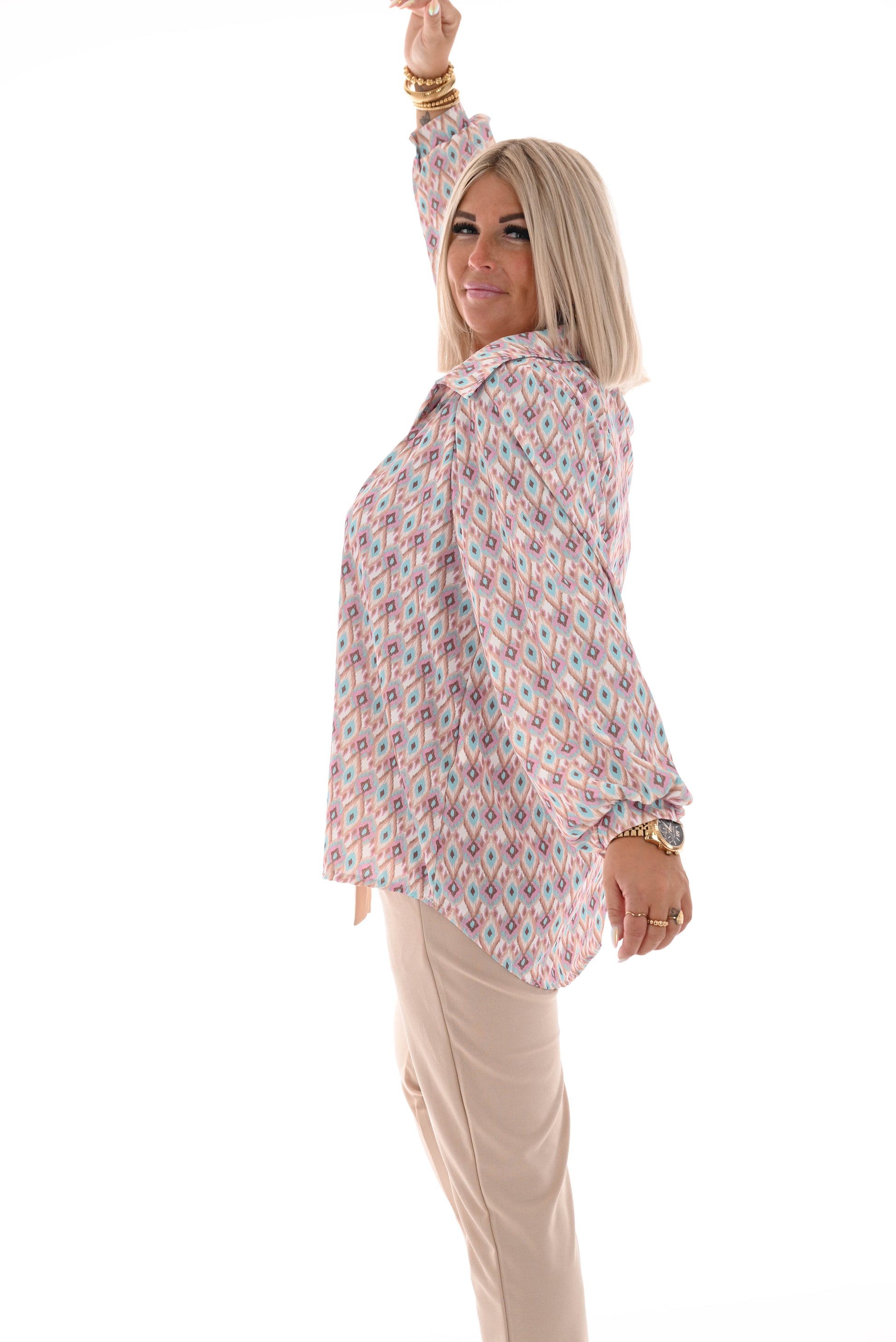 Blouse multi v-hals kleine ruit lila