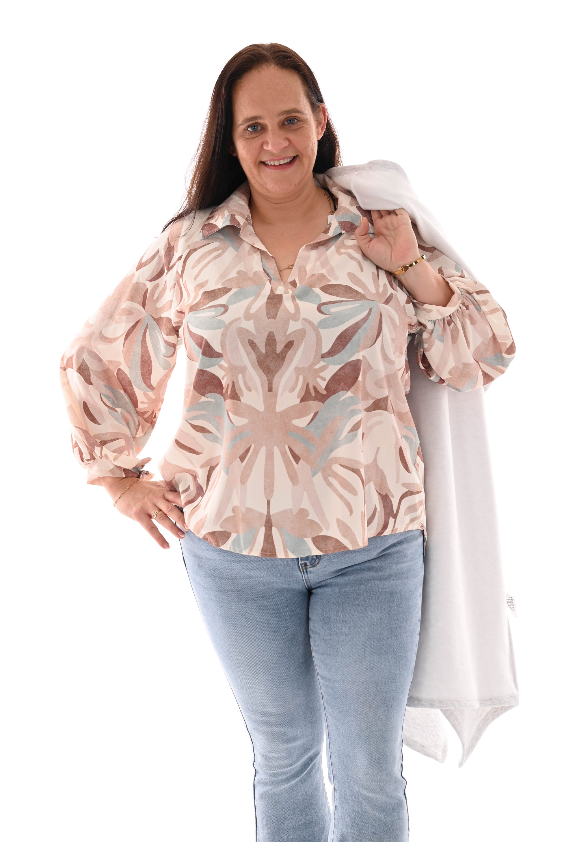 Blouse multi v-hals bladeren beige