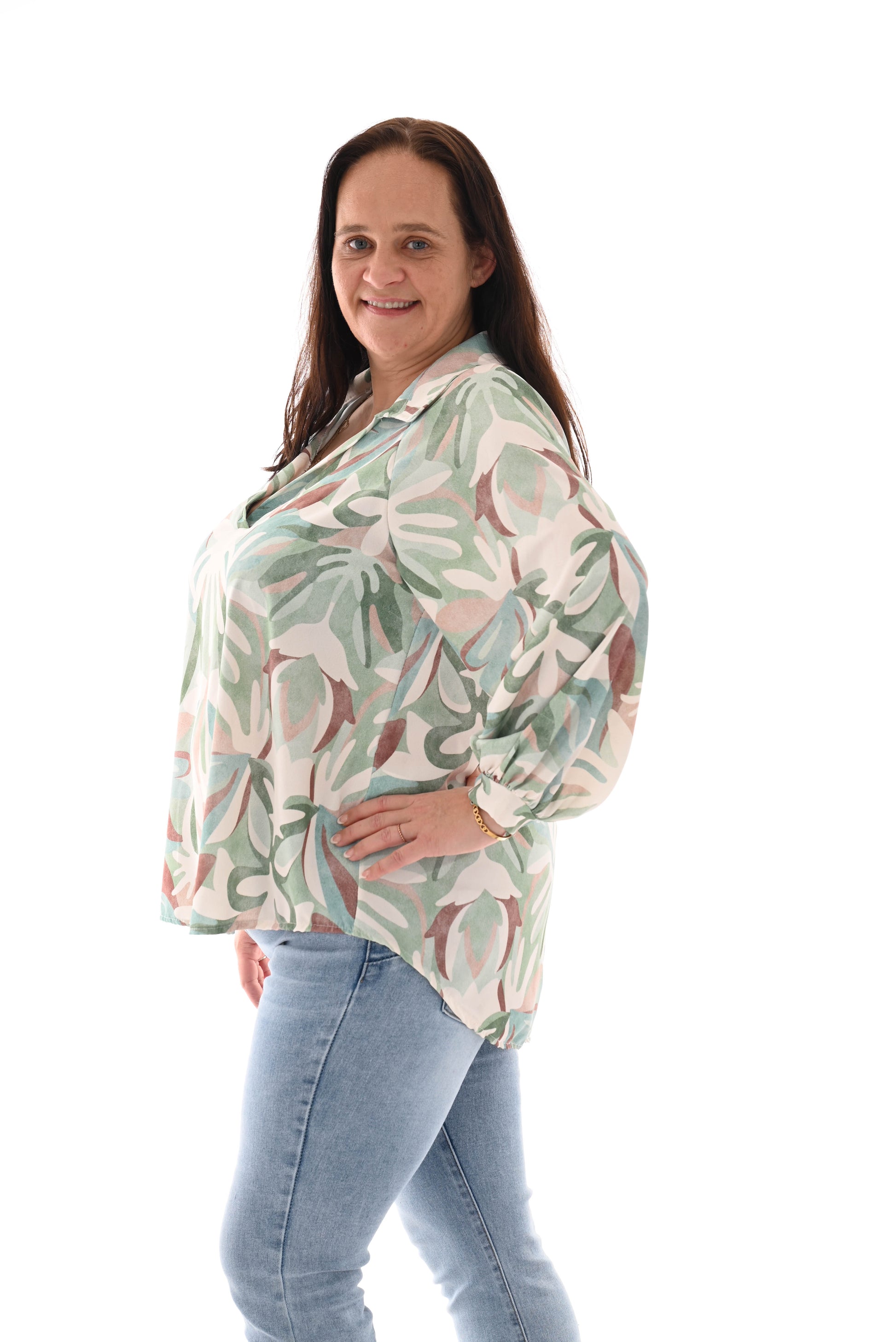 Blouse multi v-hals bladeren lichtgroen