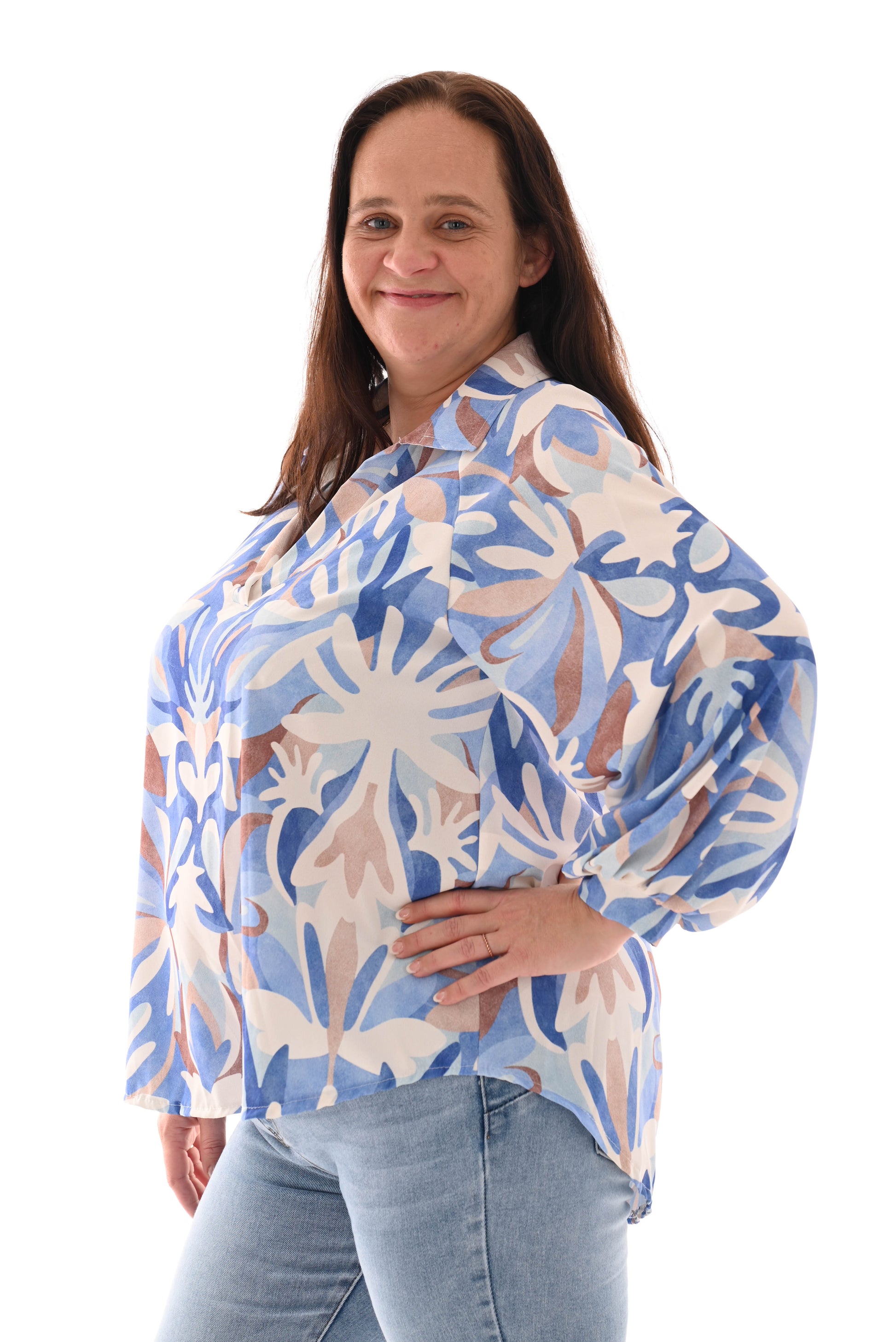 Blouse multi v-hals bladeren jeansblauw