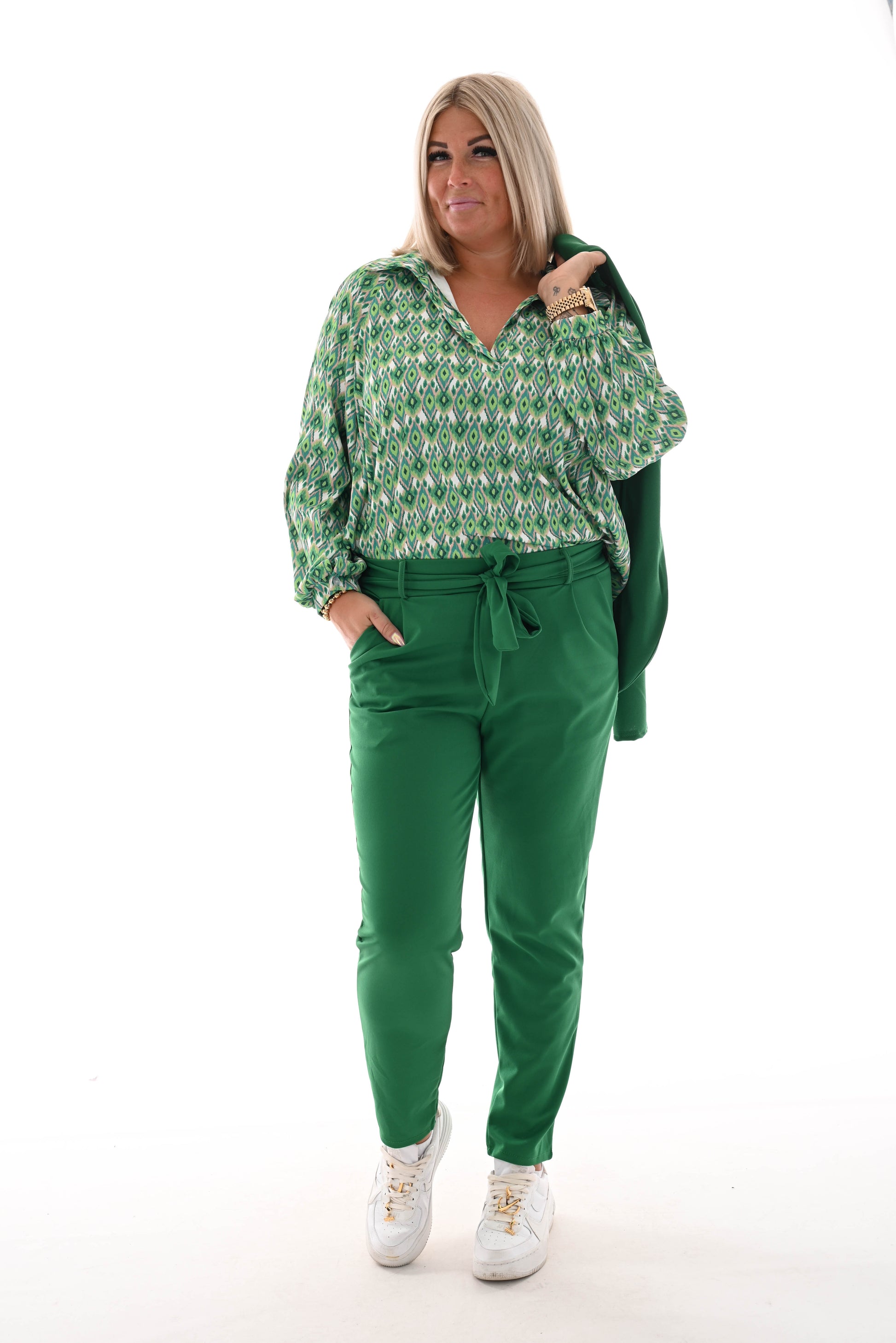 Blouse multi v-hals kleine ruit groen