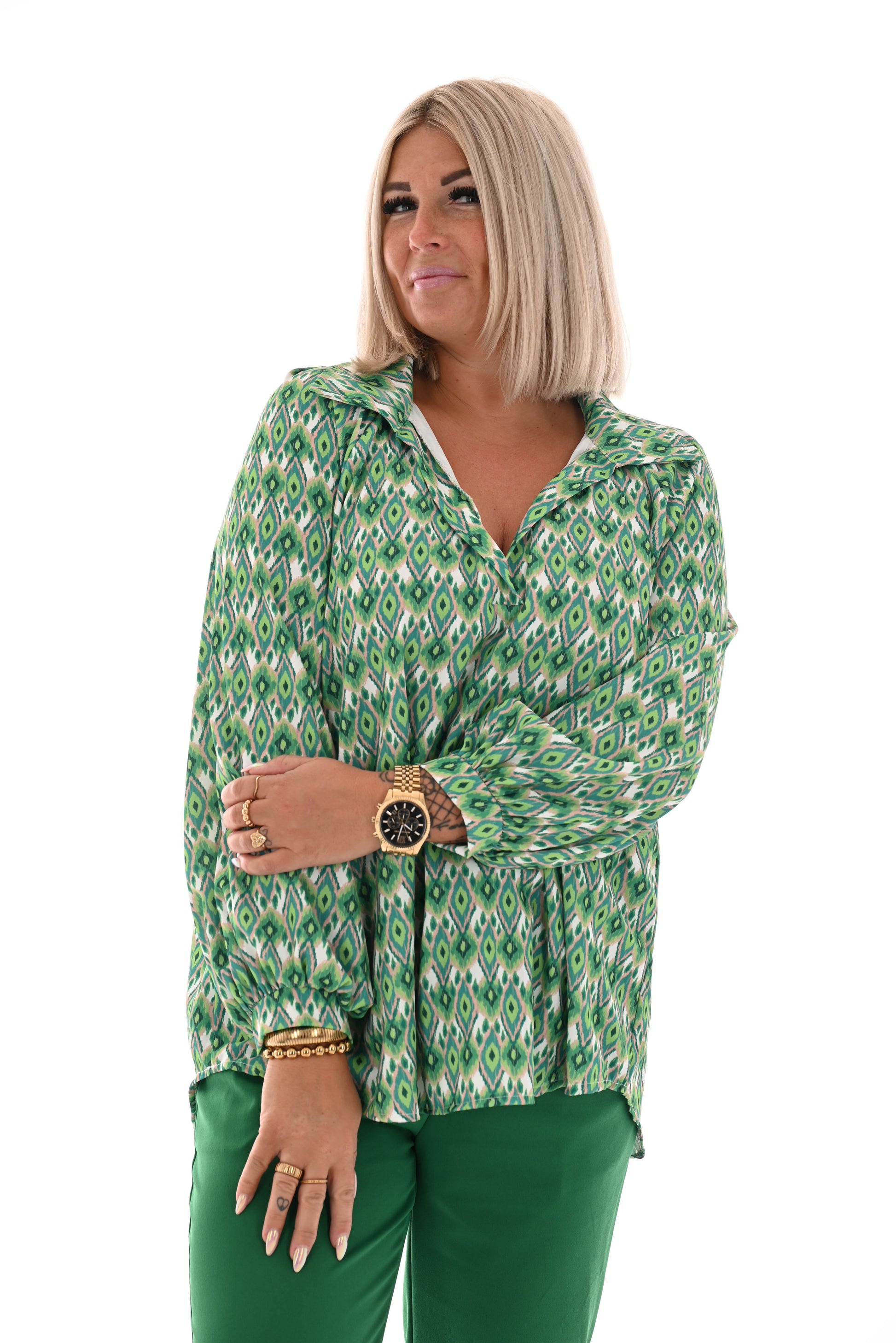 Blouse multi v-hals kleine ruit groen