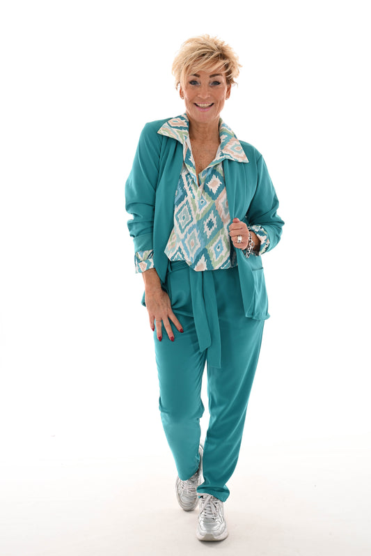 Tweedelig stretchpak met strik turquoise